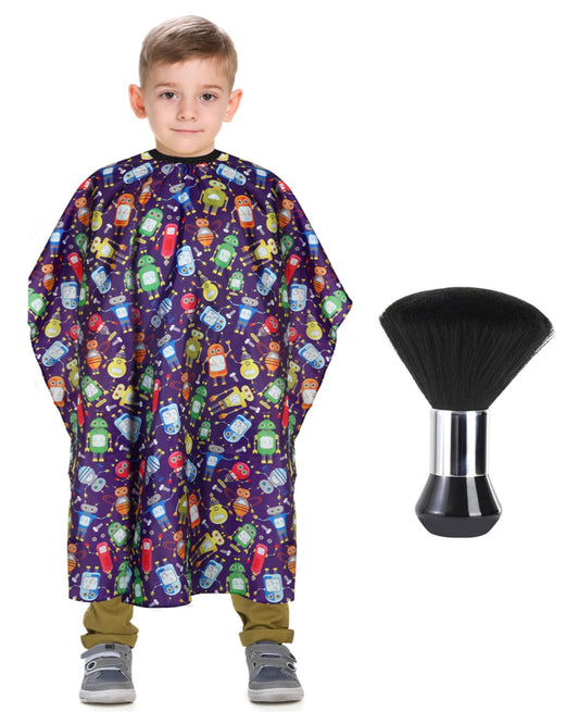 Kids Barber Cape with Neck Duster Brush, Professional Salon Hair Cutting Cape with Adjustable Snap Closure(Cartoon Robot)
