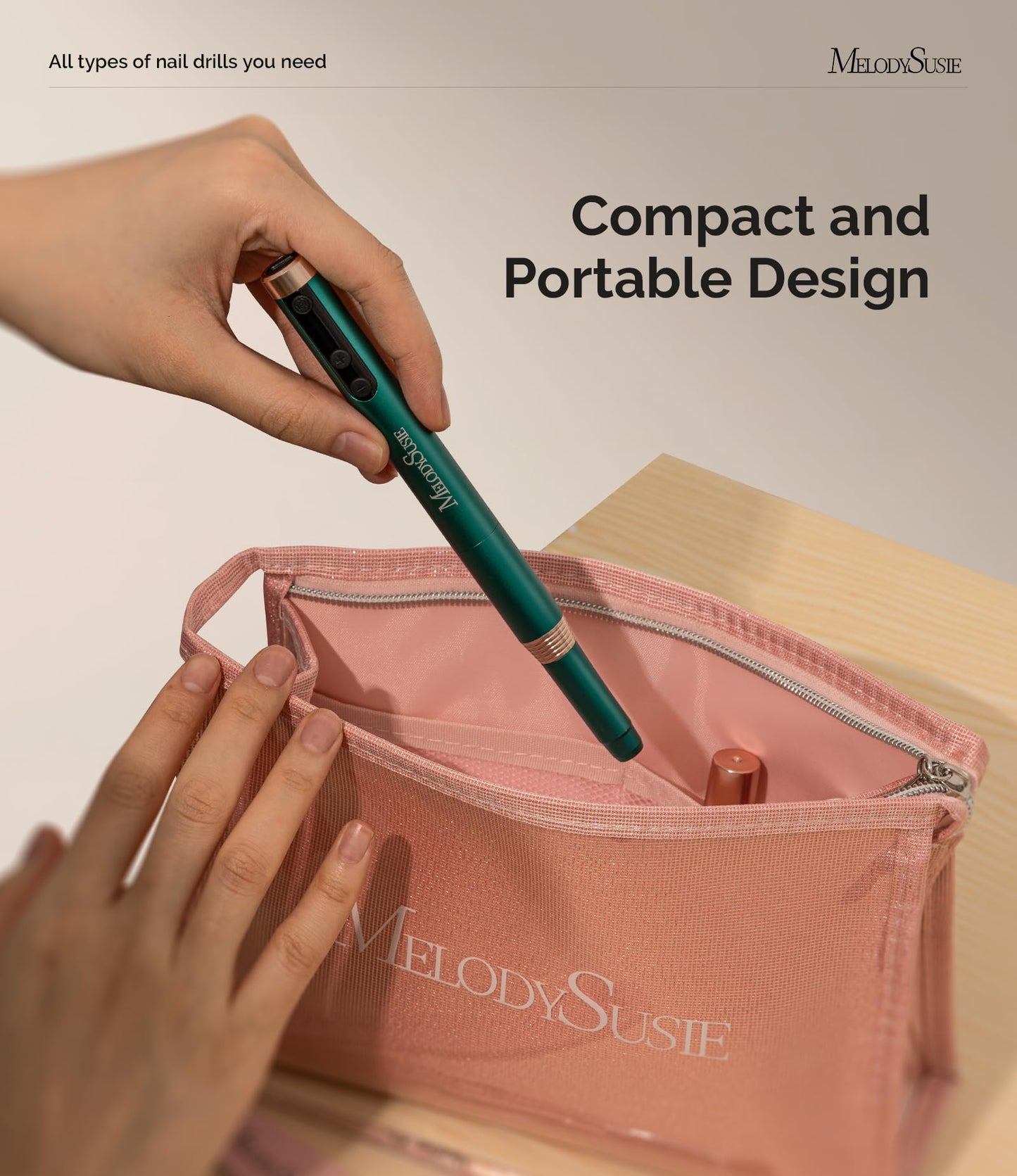 MelodySusie Portable Electric Nail Drill, Cordless 30000RPM Nail EFile with Drill Bits & Ultra Fine Sanding Bands for Manicure Pedicure, Professional Nail File Tool for Women, PM170F Green