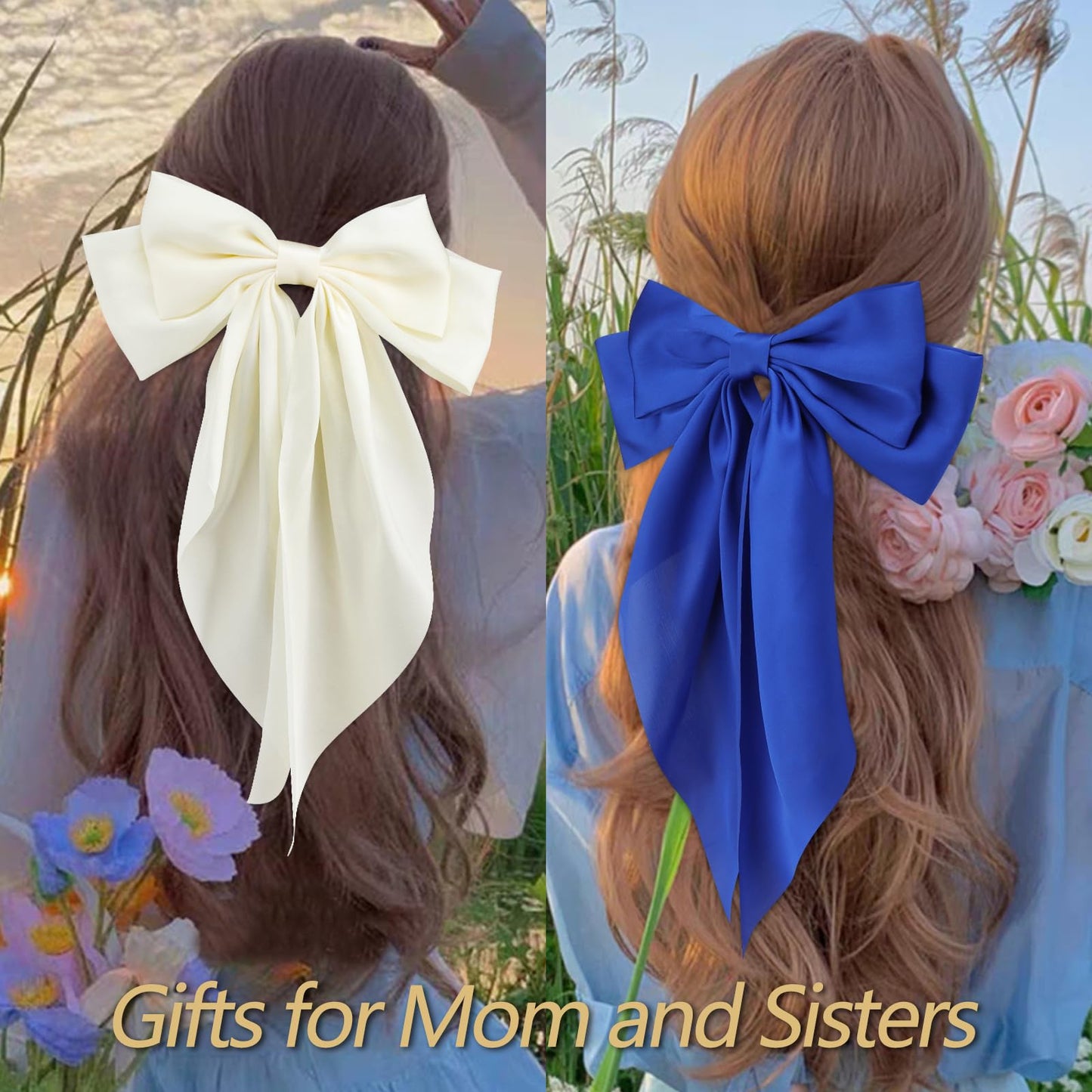 Velscrun Hair Accessories: 3Pcs Silky Satin Oversized Hair Bows and Barrettes in White, Black, and Dark Blue - Large Ribbons with Long Tails for Women and Girls