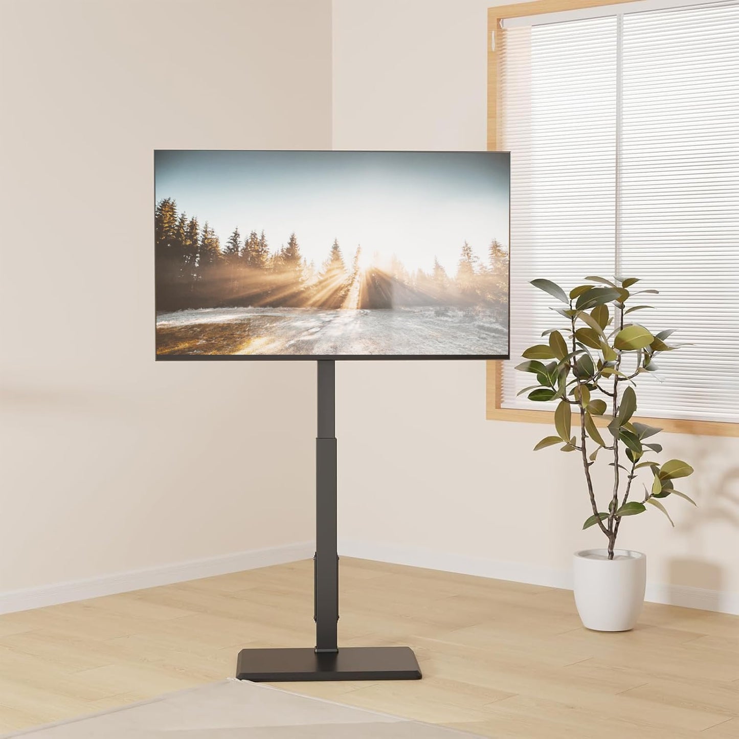 WALI Floor TV Stand with Power Outlet, Tall TV Stand Mount for 32-75 inch TV up to 110 lbs, Swivel and Height Adjustable TV Stands with Wood Base for Bedroom, Office(TVDVD-7P), Black