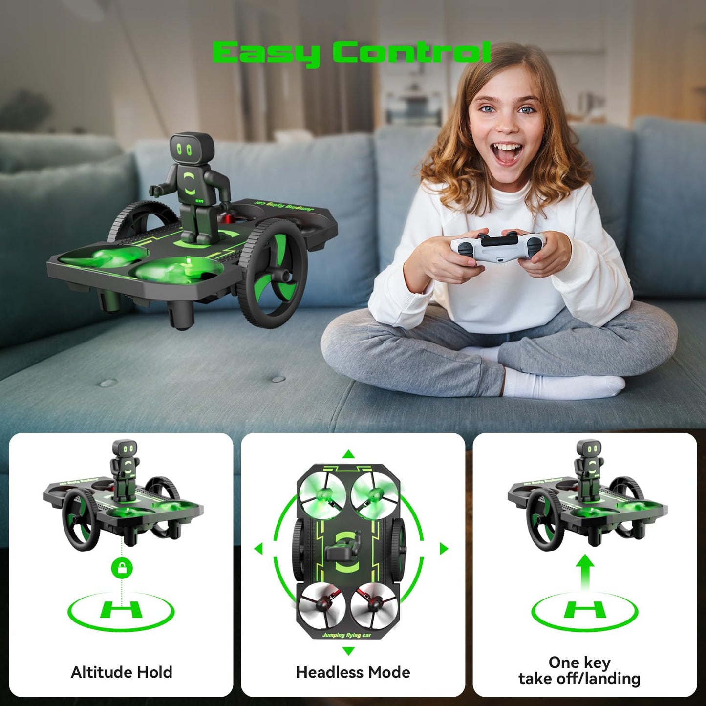 Drones for Kids 8-12 Mini Small Nano Indoor RC Quadcopter Toy for Age 10-15 12-14 Boys, 2 in 1 Remote Control Jumping Flying Car with Race on Land Mode,Circle Fly,360 Flip,Altitude Hold,2 Batteries