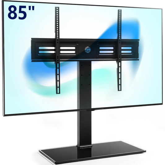 FITUEYES Universal TV Stand with Swivel Mount for 50-85 inch Flat Screens - Height Adjustable Tempered Glass Base Holds up to 143 lbs