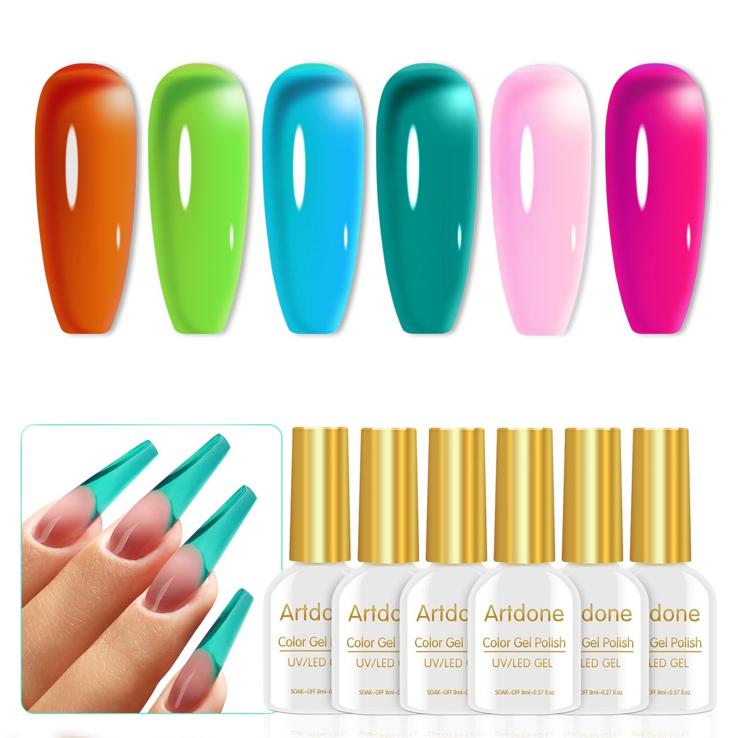 Artdone Transparent Gel Nail Polish Jelly Set - UV Gel 6 Colors Neon Orange Blue Green Pink, Neutral, Soak Off LED Lamp Gel Manicure Kit For Nail Art