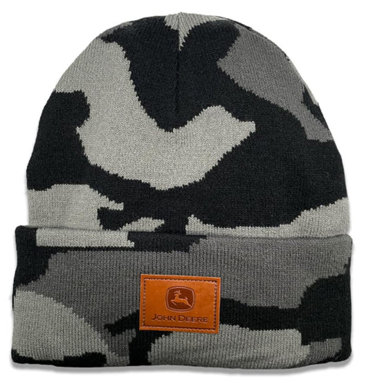 John Deere Black Gray Storm Camo Cuffed Beanie Stocking Cap