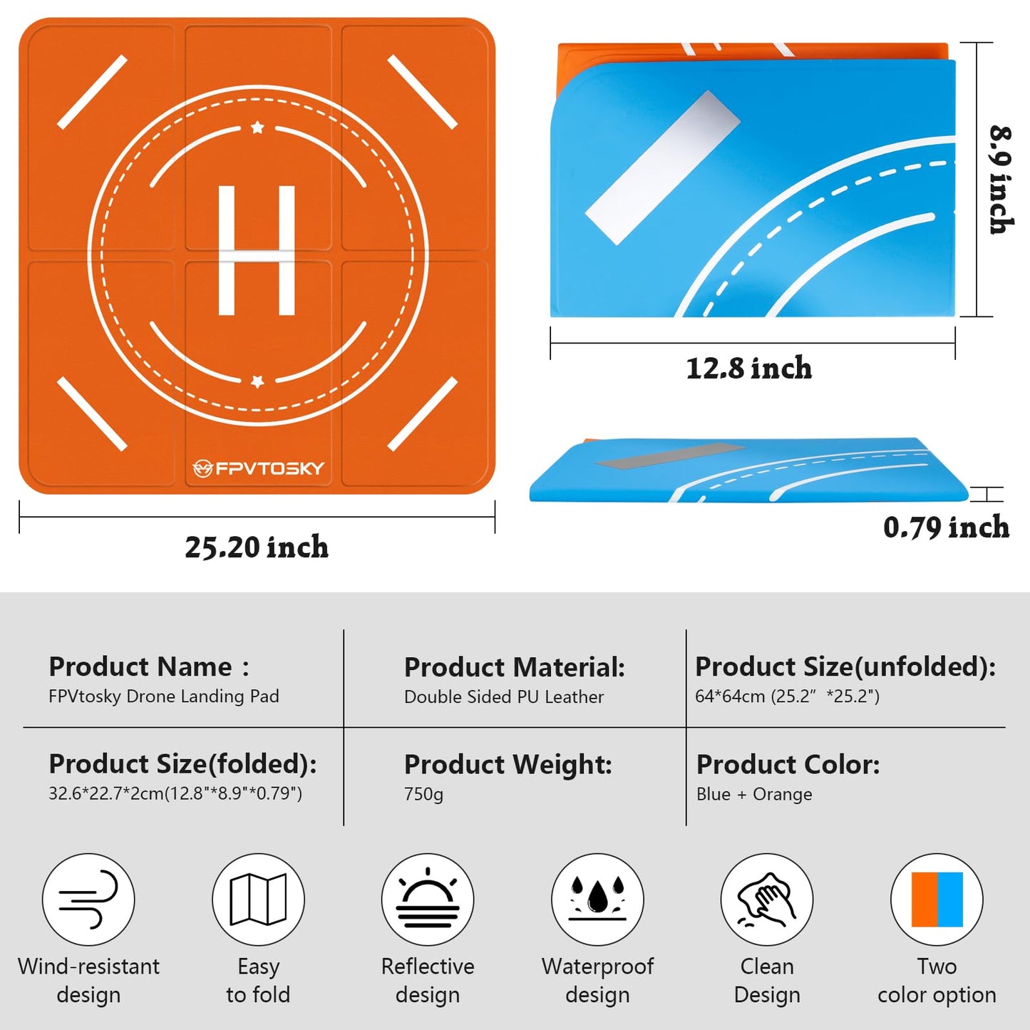 FPVtosky Drone Landing Pad, Universal Large 25.2"(64cm) Fast-fold Double Sided Waterproof Landig Pad Weighted for Mavic 3 Pro/DJI Mini 3 Pro/Air 3 / Avata/FPV/Phantom/Inspire Drones etc