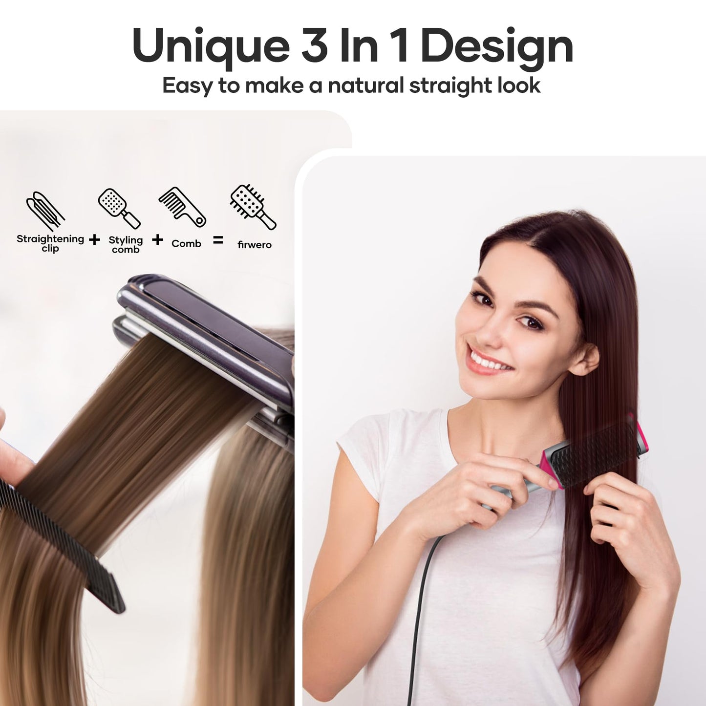 Hair Straightener Brush Straightening Comb - Ionic Heated Brush Straightener for Women, Plus 3x Dense Bristles Ceramic Styler for Thick Curly Hair, 16 Temps, 2 in 1 Flat Iron Brush Dual Voltage Travel