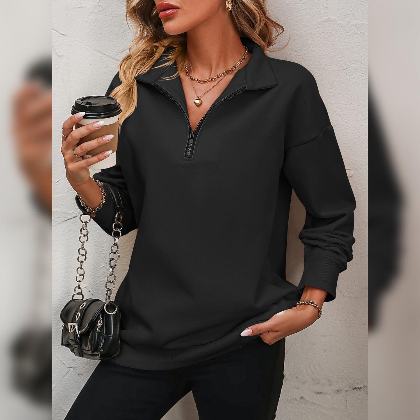 OBEEII Half Zip Sweatshirts for Women, Quarter Zip Long Sleeve Oversized Hoodies Sweaters Fleece Cropped Pullover Top for Teen Girl Y2K Fall Winter Clothes Black XXL