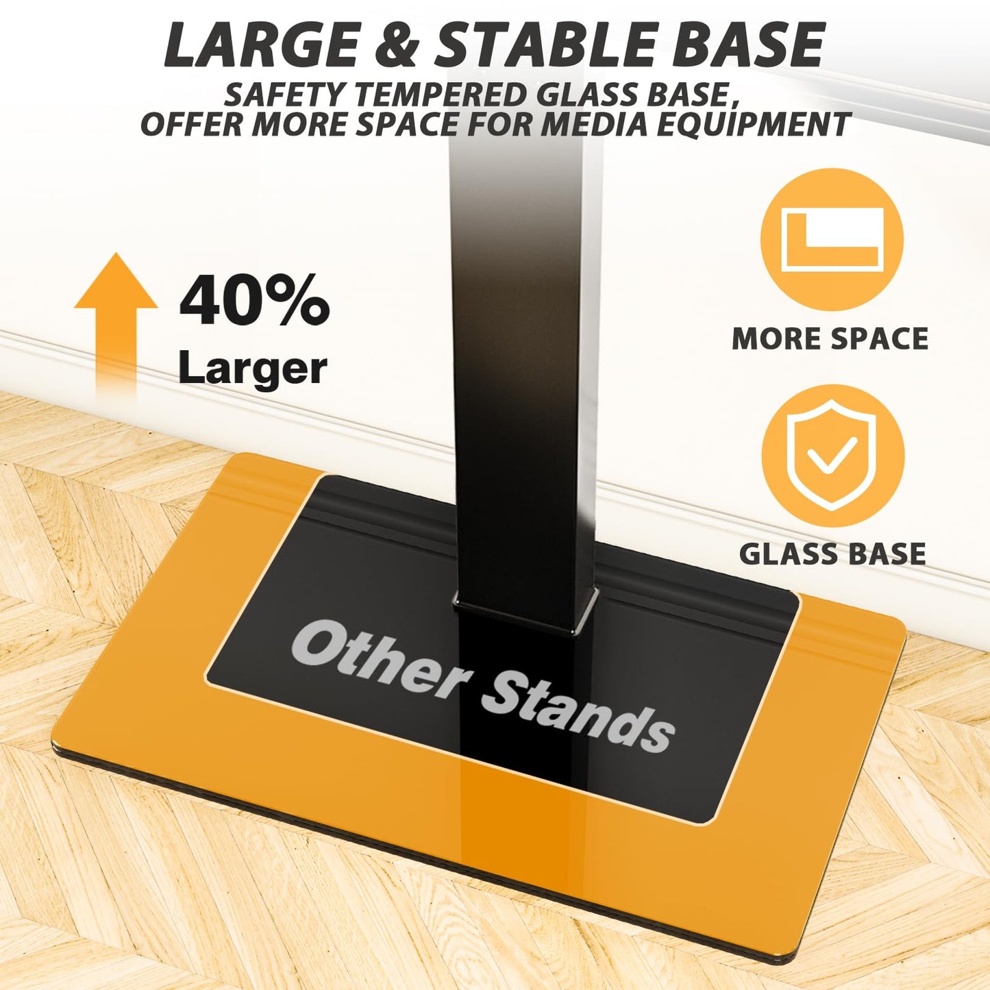 TAVR Universal Floor TV Stand Base for 32-75 Inch TVs up to 110 Lbs with Swivel Height Adjustable Mount, Black Tempered Glass Base for Media Storage and Space Saving