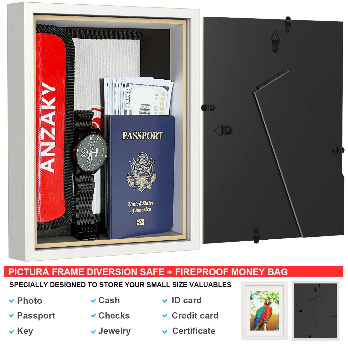 ANZAKY Photo Picture Frame Diversion Safe with Fireproof & Waterproof Money Bag, Valuable Storage, Home Security, Mini Box with Hidden Compartment to Shield your Money, Cash, White 5"x7"