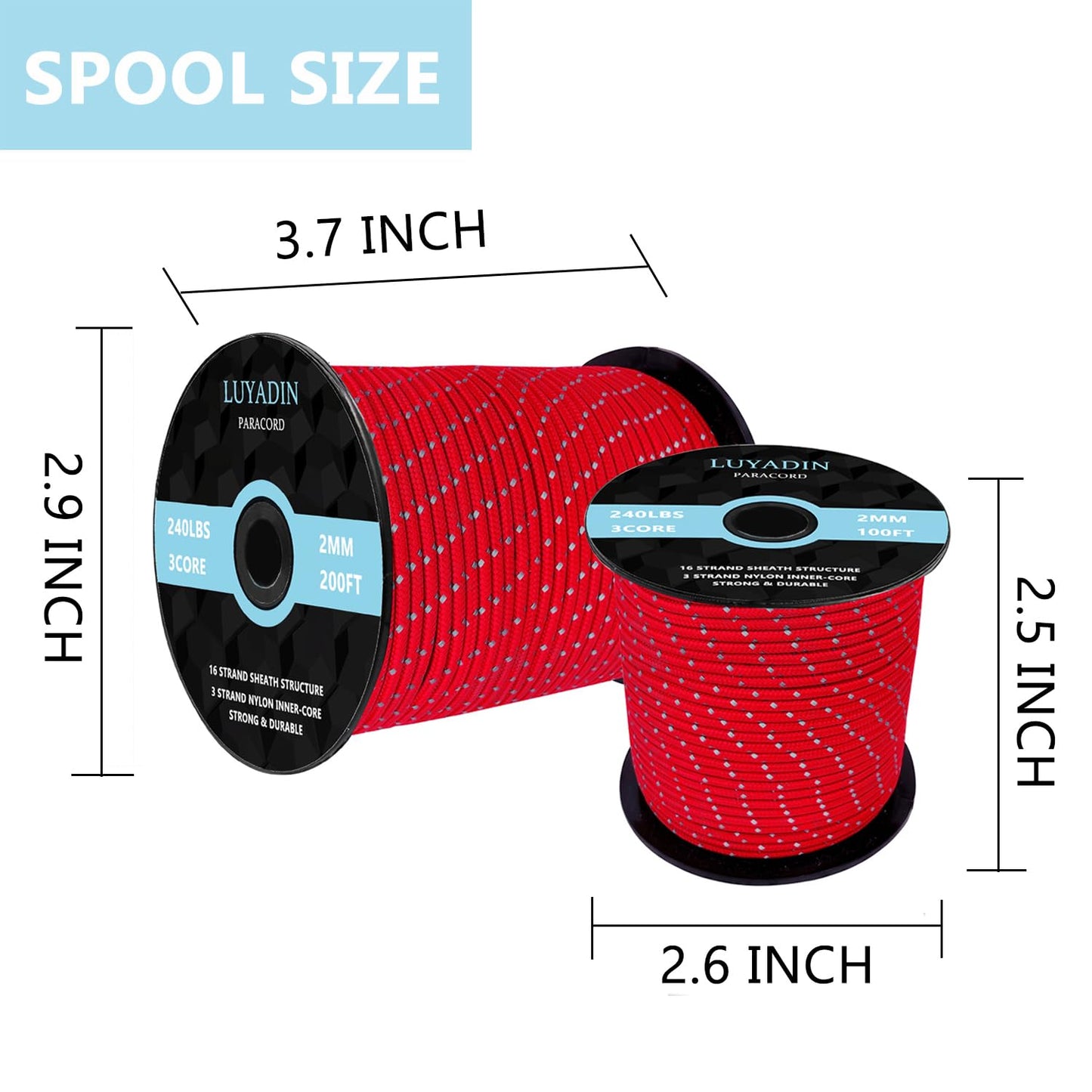 LUYADIN Reflective Paracord 240lb - Diameter 2mm Micro Utility Cord -3 Strand Parachute Spool Cord - 100ft 200ft,Paracord for Camping,Hiking,Fishing,Outdoor and DIY