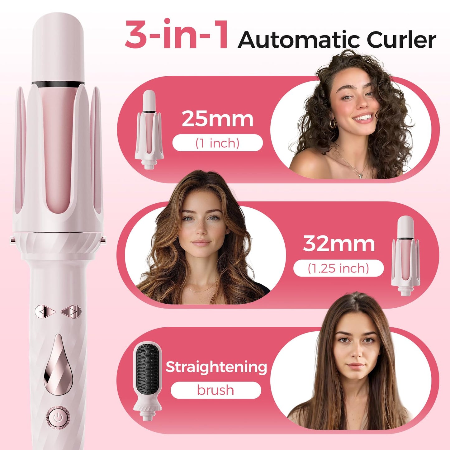 Wollea Automatic Curling Iron, Beach Wave Curling Wand, Portable Rotating Curler, Dual Voltage, Lightweight and Portable, Ceramic Coated, Straightening Brush, 1inch and 1.25 inch 3-in-1, Pink