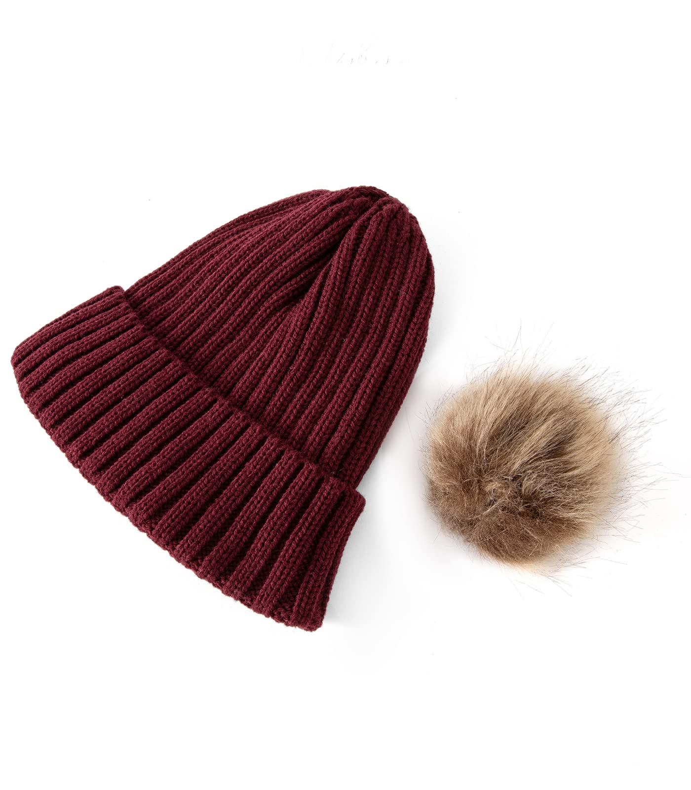 Embouro Women's 3 in 1 Pom-pom Beanie Scarf Glove Set, Cold Weather Winter Set for Women with Detachable Pom-poms (Wine Red)