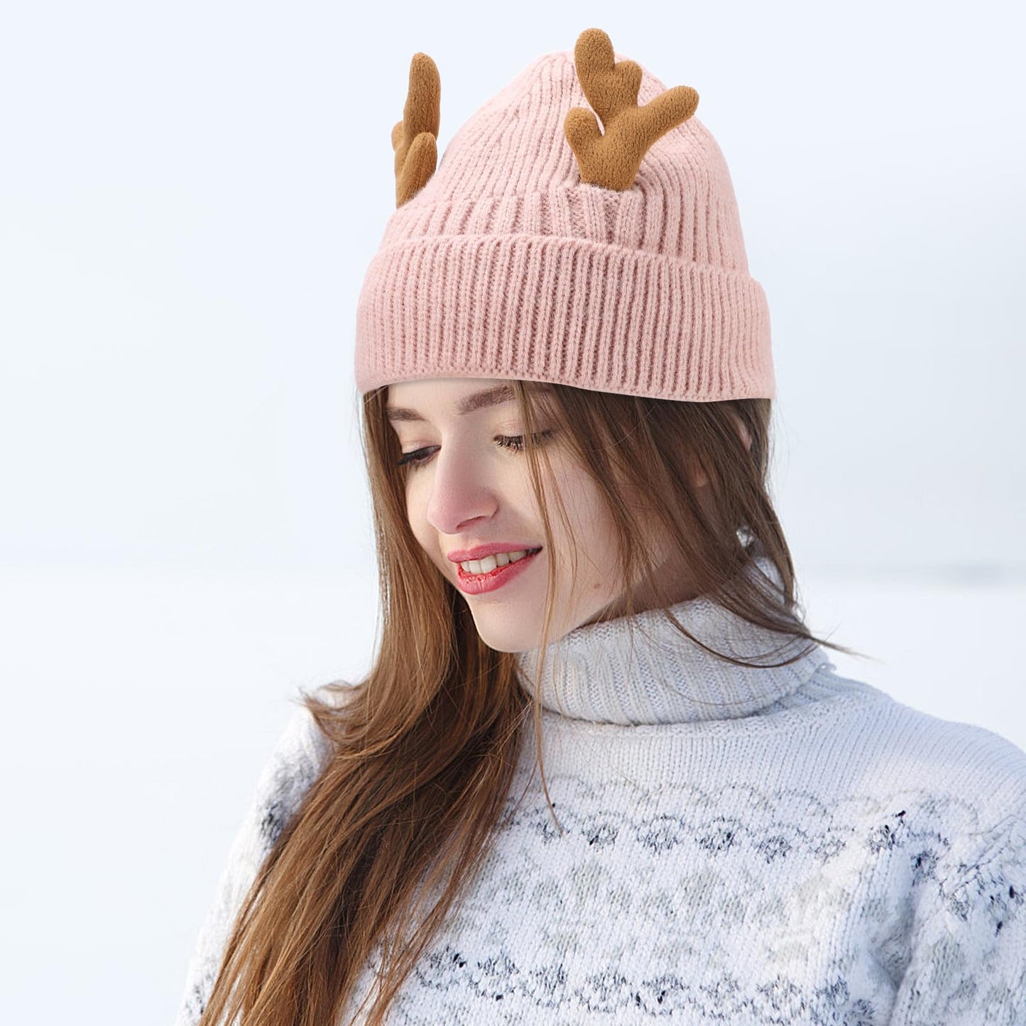MAGICLULU Baby 1 Pack Reindeer Beanie Antler Warm Cap Christmas Knitted Beanie Hat for Adults Women Adults() Christmas Pink