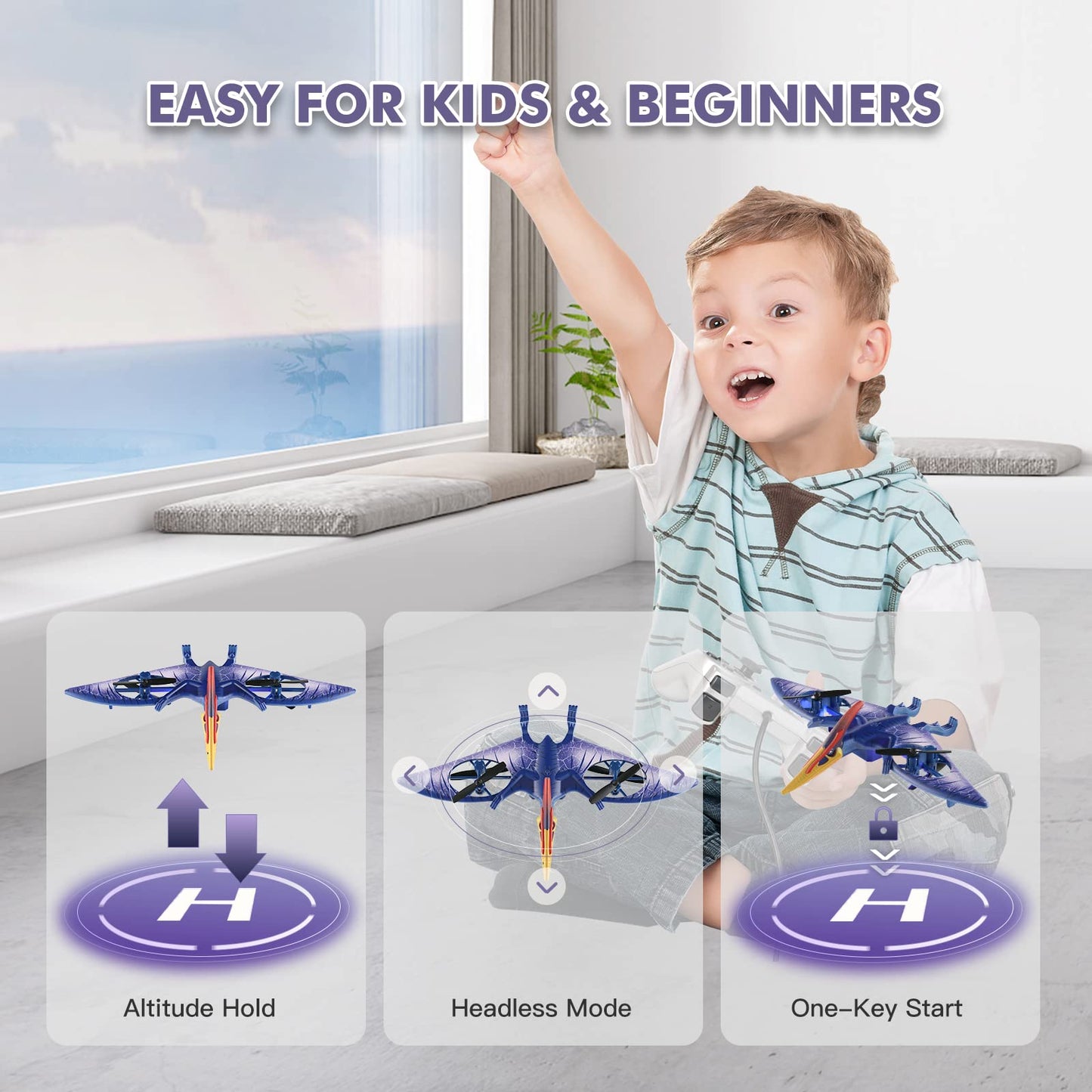 Indoor Quadcopter with Altitude Hold - Pterosaur Dinosaur Toys Drone for Kids Headless Mode, One Key Start Speed Adjustment Toys for 8 9 10 11 12 Year Old Boys&Girls, Birthday, Christmas Gifts