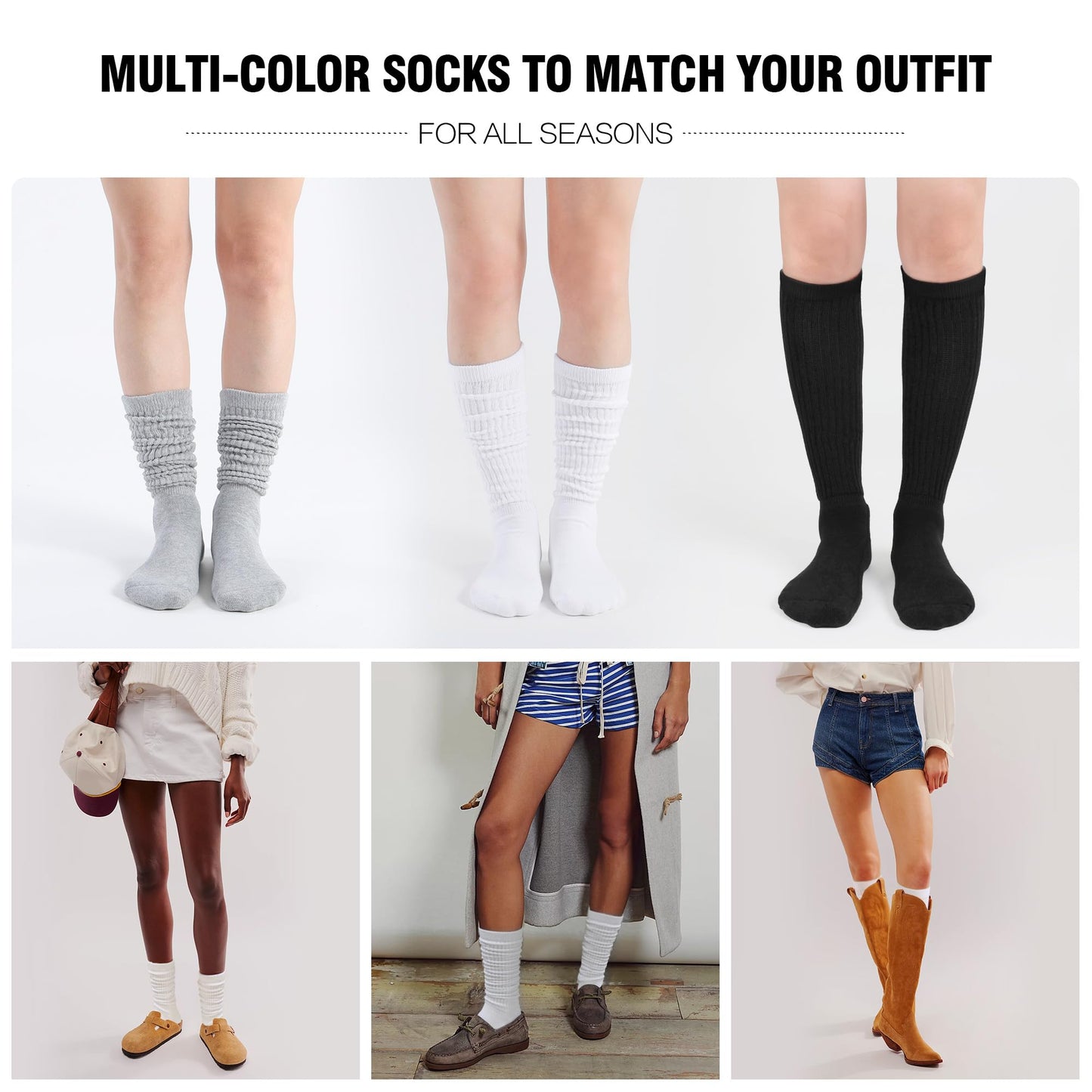 Closemate Crew Slouch Socks Women Soft Cotton Scrunch Slouchy Socks Knee High Boot Socks 3 Pairs(1Black 1White 1Grey)