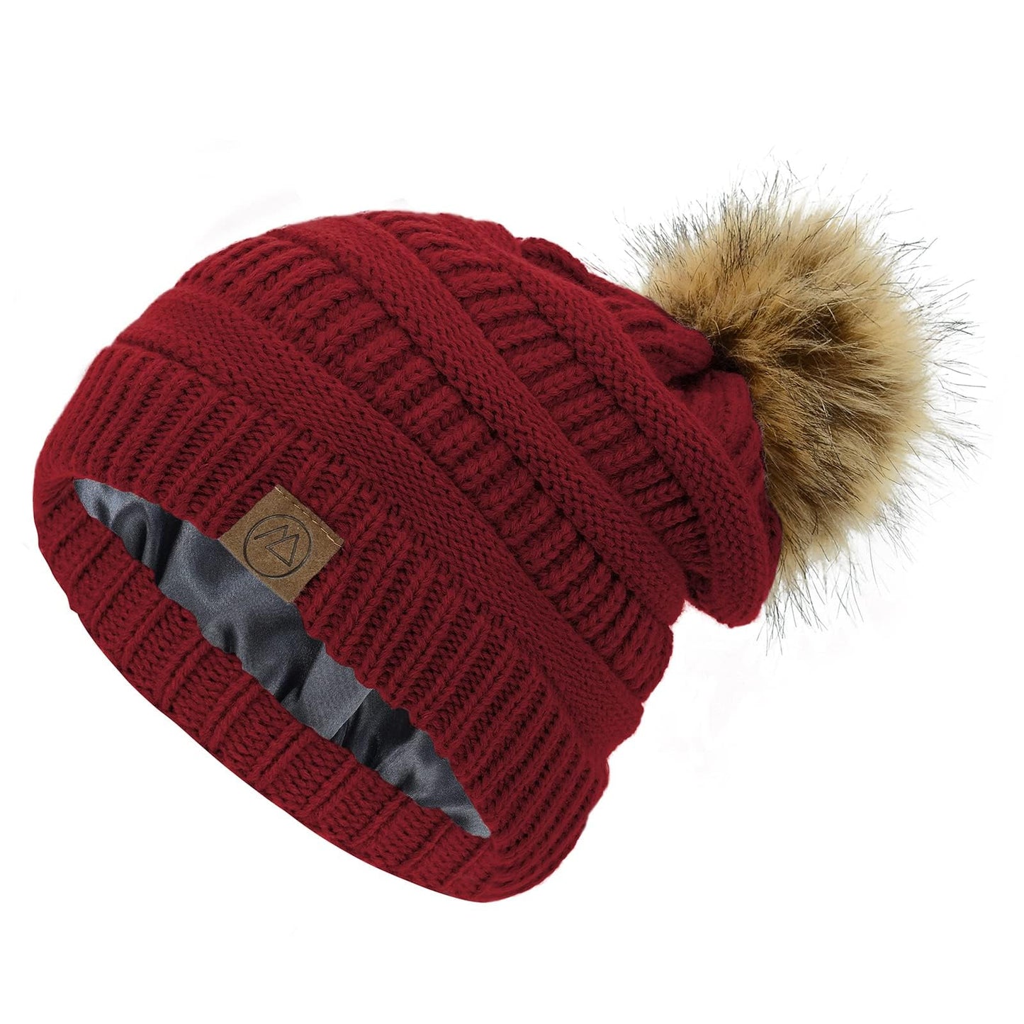 American Trends Beanies Women Winter Hats for Women Satin Lined Slouchy Beanie with Pom Pom Winter Warm Cable Knit Snow Ski Hat Burgundy