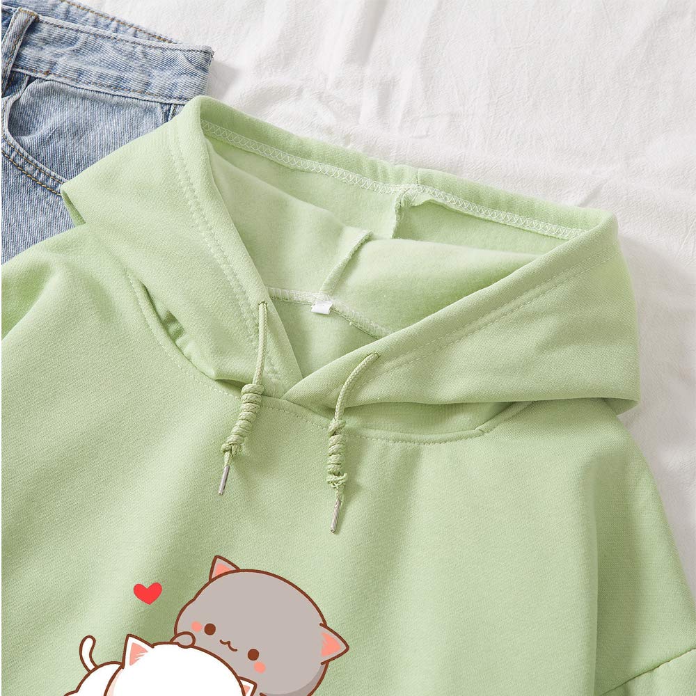 KEEVICI Women Kawaii Cartoon Cute Cat Graphic Casual Cotton Pullover Hoodies Sweatshirt Green