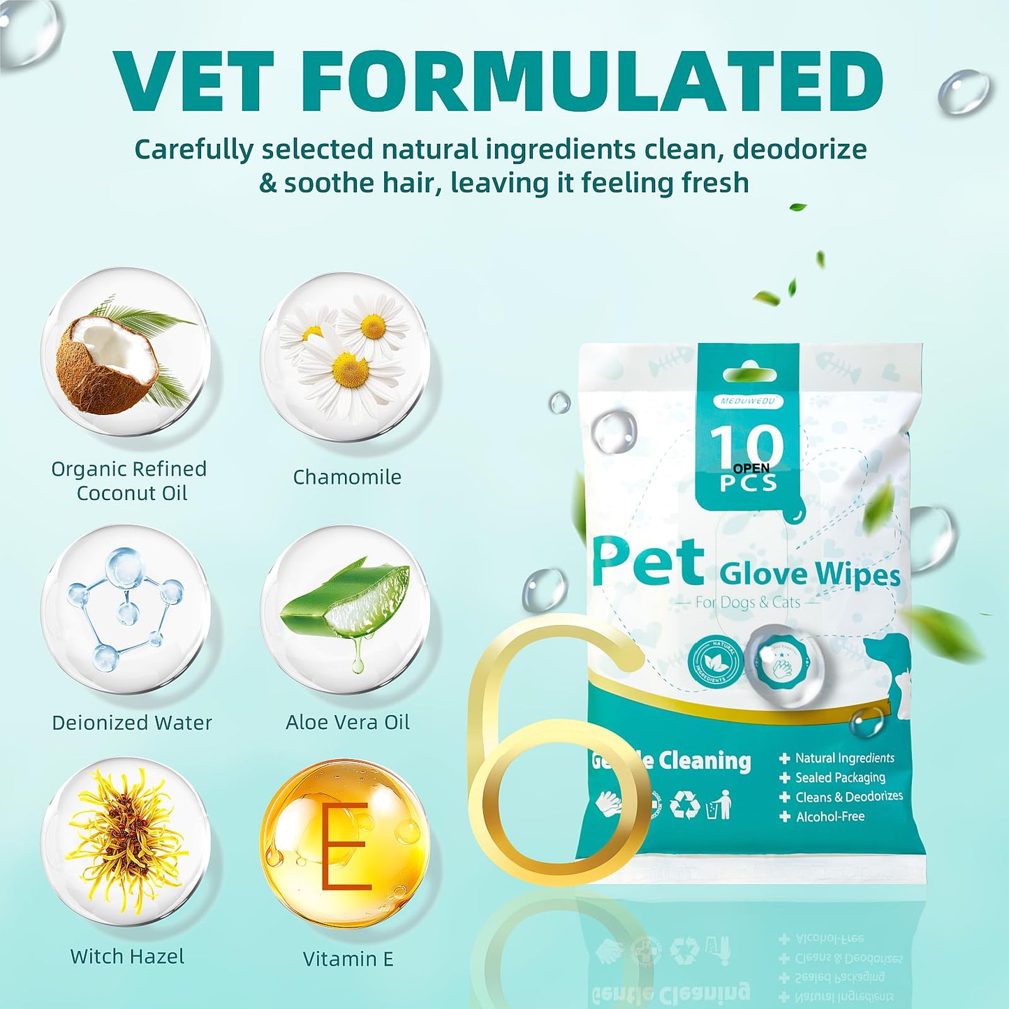 MEDUWEDU [10 Count] No-Rinse Pet Glove Wipes – 5-Finger Design, Coconut Oil & Aloe, Hypoallergenic Grooming Mitts for Dogs & Cats