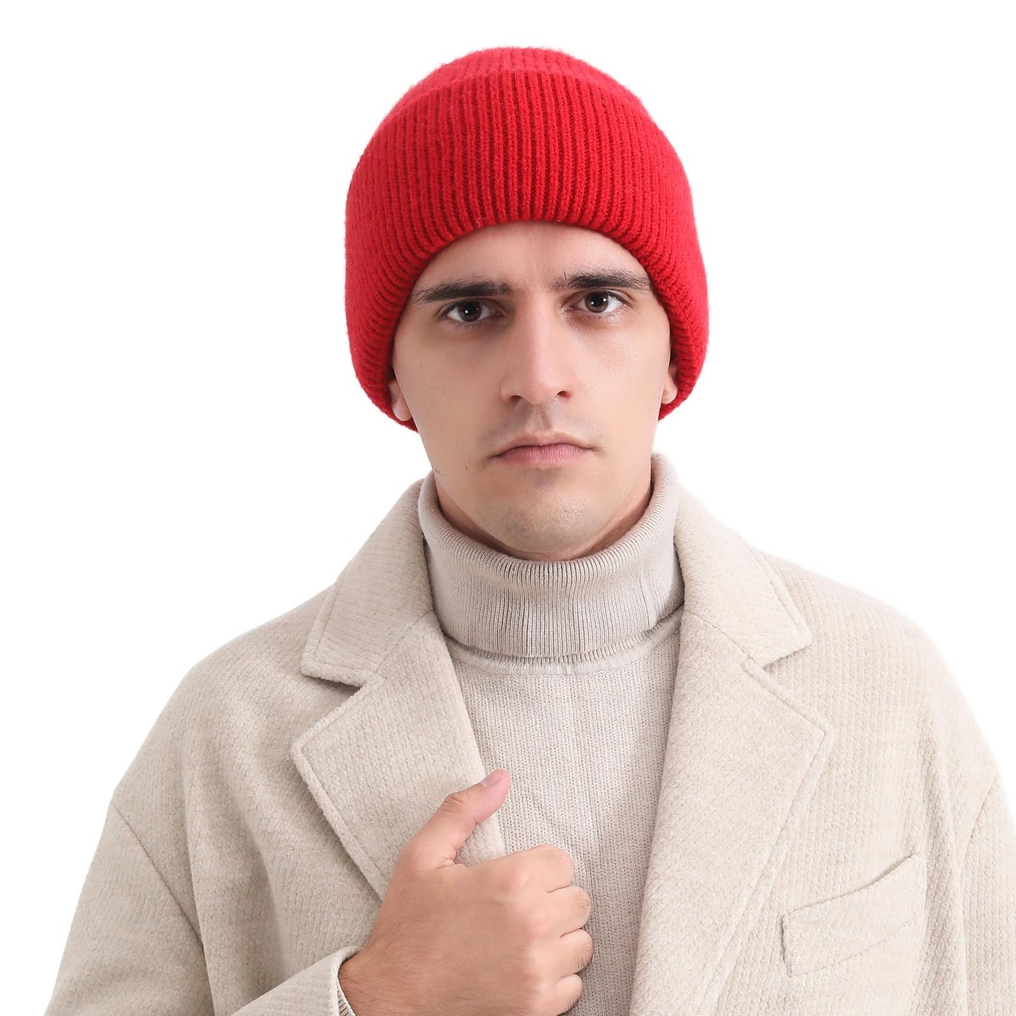 Three Layers of Cuffs Knit Red Beanies Hats Men Mens Warm Winter Red Beanie Hats for Women Hat Ski Hat Cap (Bright Red)