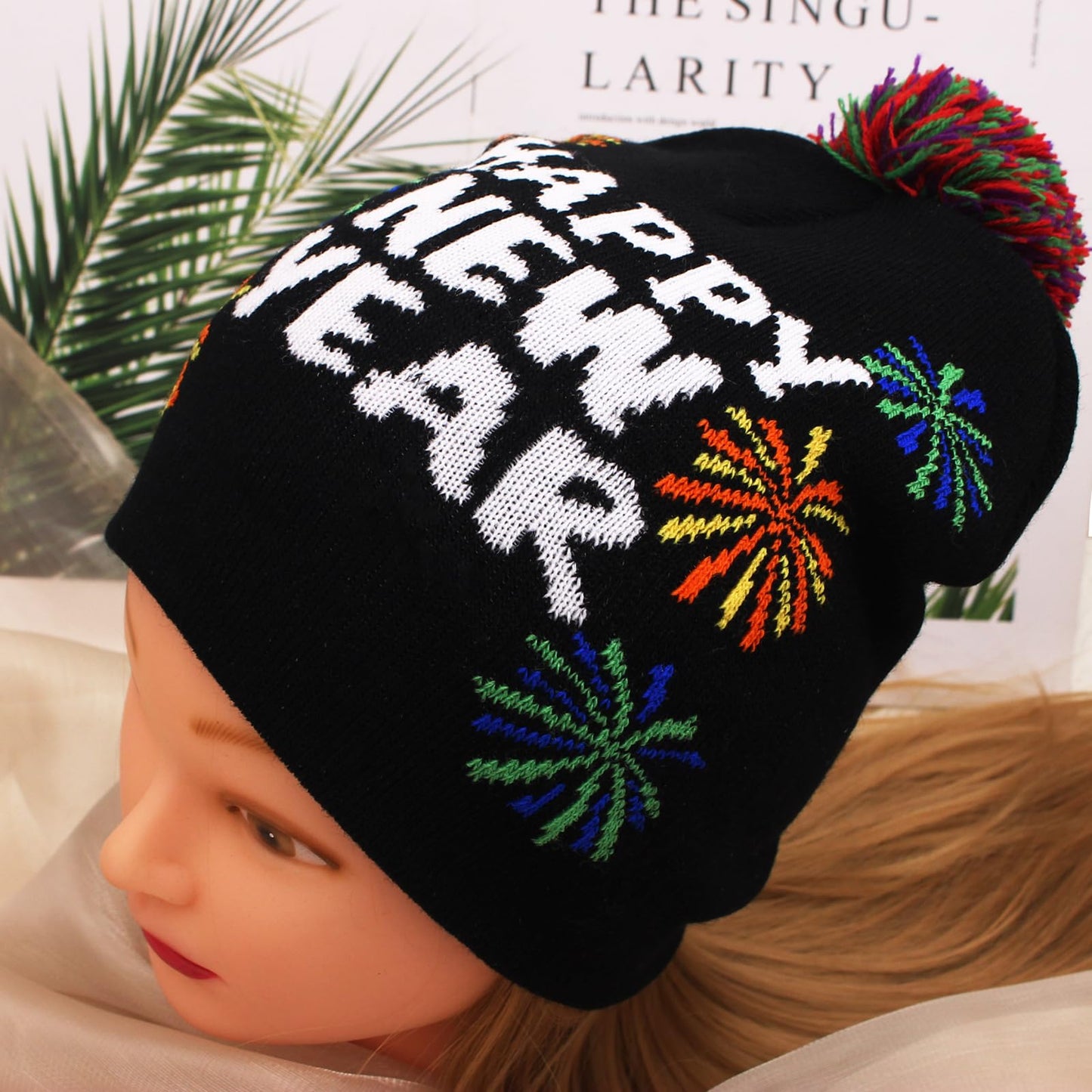 Enrwin Women and Men Autumn and Winter Happy New Year Knitted Hat Thick Soft Warm Chunky Beanie Crochet Beanie Soft Hat for Christmas (Style1-Black)