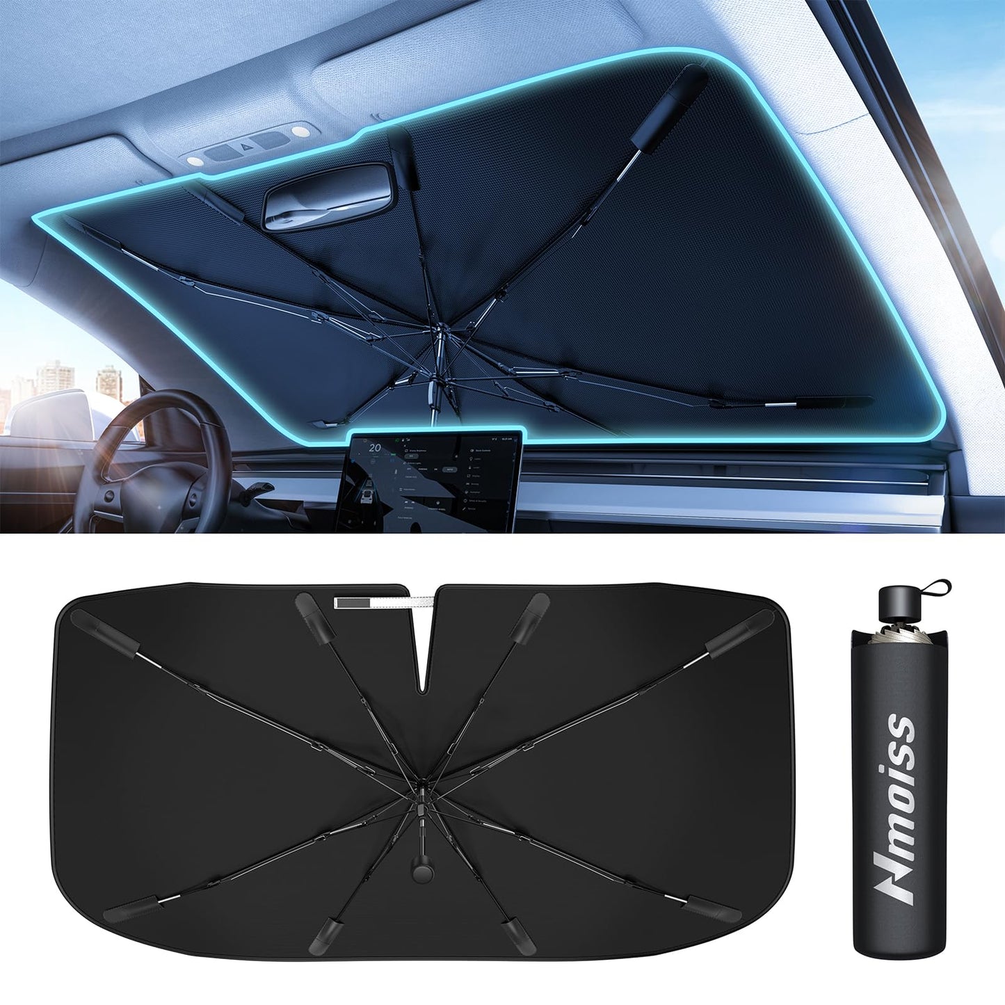 [2025 Upgrade] Nmoiss Windshield Sun Shade Umbrella - [Vinyl Coating Heat Shield] Protect Car from Sun Rays & Heat Damage Keep Cool and Protect Interior, Spring Structure Edge Medium 56" L x 31" W