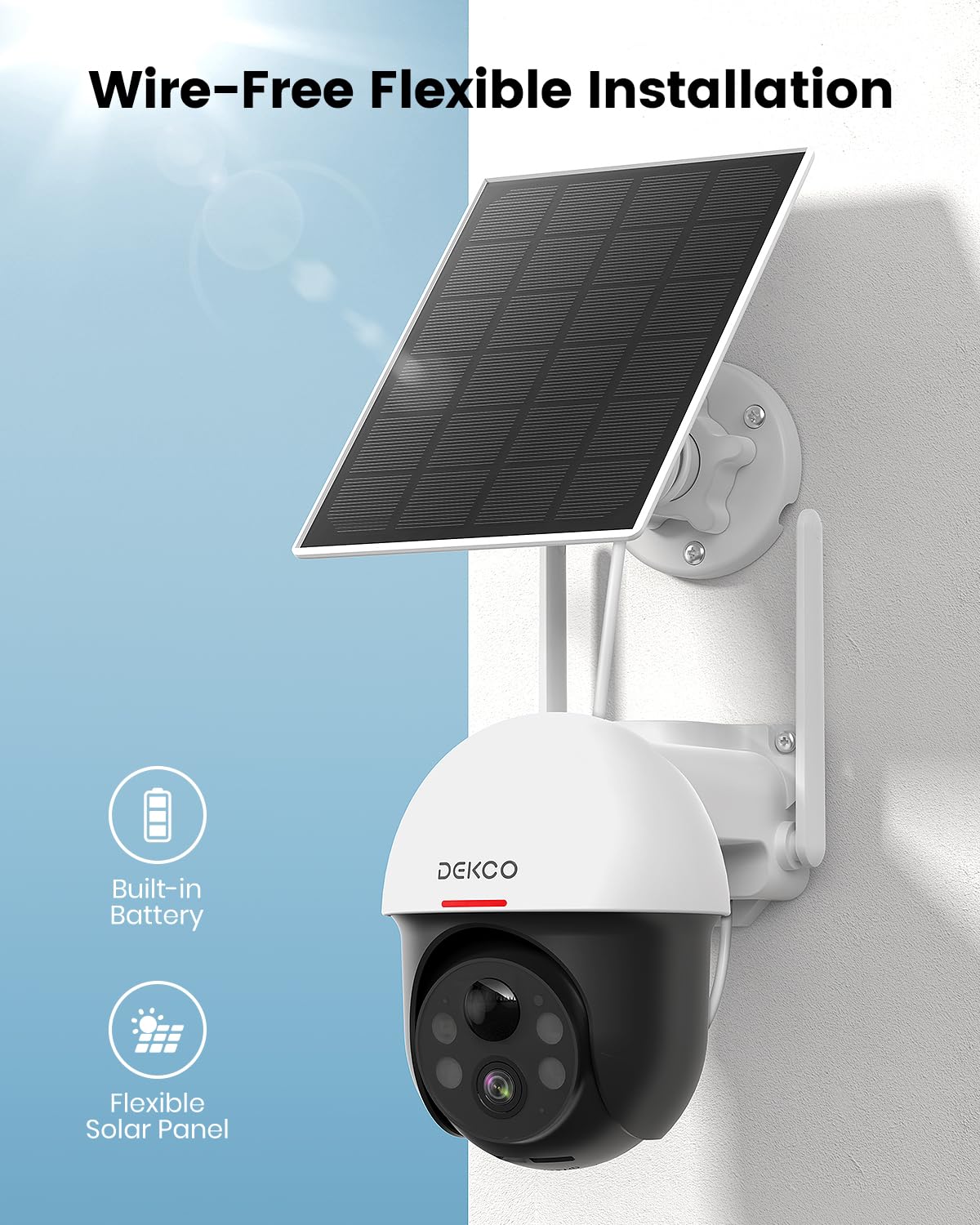 DEKCO Solar Security Camera Outdoor Wireless, Battery Powered, Panoramic Pan Tilt Zoom, Auto Motion Tracking, True 2K, Color Night Vision, Spotlight, 2-Way Talk