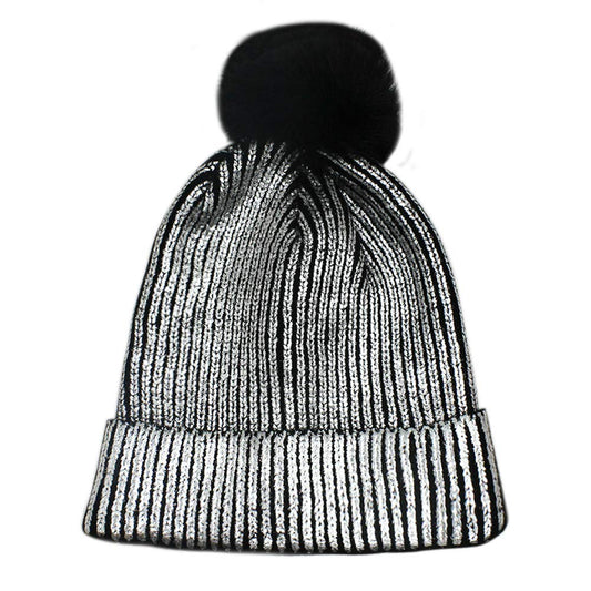 BabyPrice Women Girls Metallic Knitted Winter Beanie Hat Slouchy Faux Fur Pom Pom Skull Cap