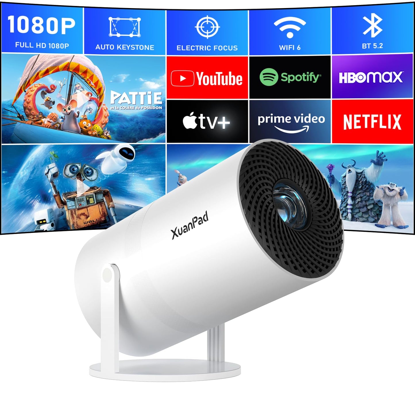 [Netflix Officially & Electric Focus] Projector with WiFi and Bluetooth, XuanPad Full HD 1080P Portable Projector, 210° Rotatable Stand, Auto Keystone, Dust Removal and Heat Dissipation Design