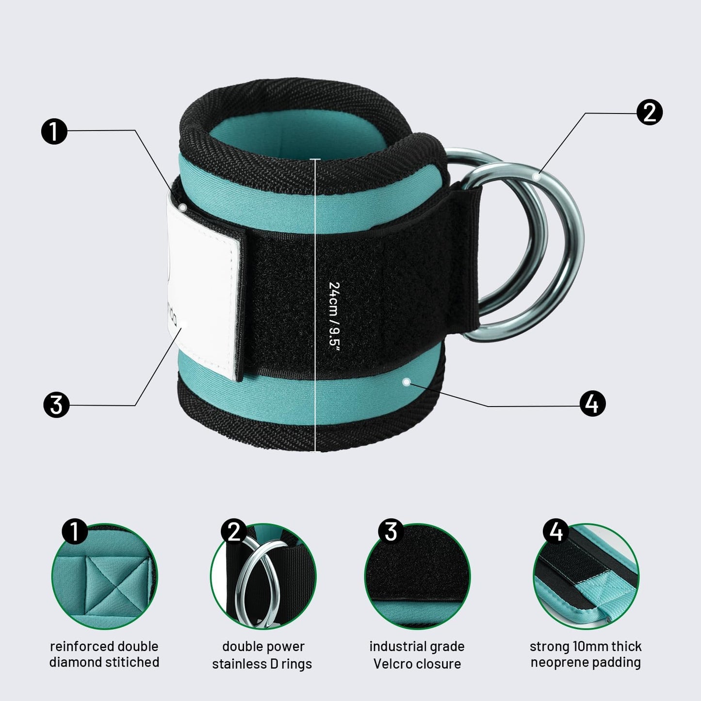 Slim Panda Ankle Strap for Cable Machine,Ankle Cuff for Kickbacks, Booty Hip Abductors,Glute Workouts, Leg Extensions, Curls for Men and Women, Adjustable with Double D-Rings (Single, Upgraded Cyan)