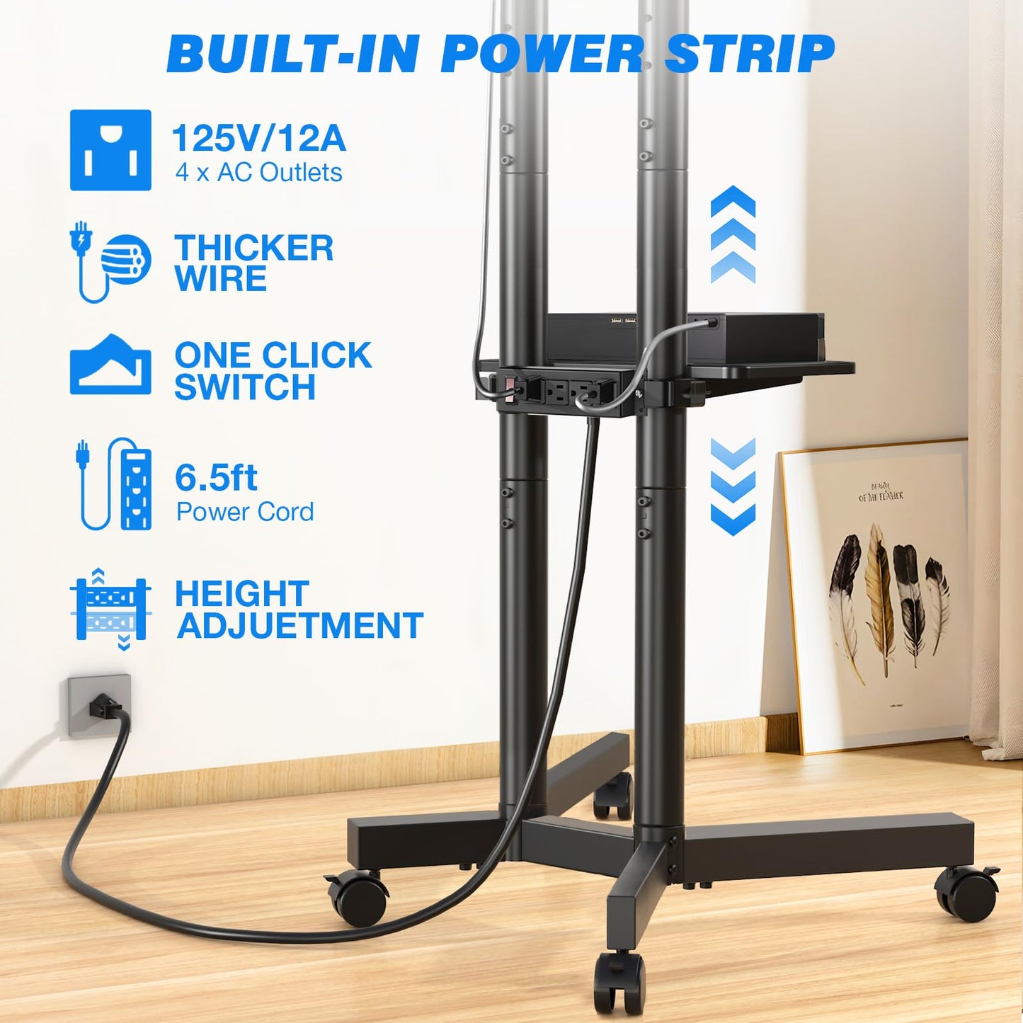 Rfiver Mobile TV Cart Rolling TV Stand with Power Outlet for 32-75 Inch Screens, Portable TV Stand on Wheels with Height Adjustment, Outdoor TV Mount Stand with Shelf Holds up to 88lbs for Home Office