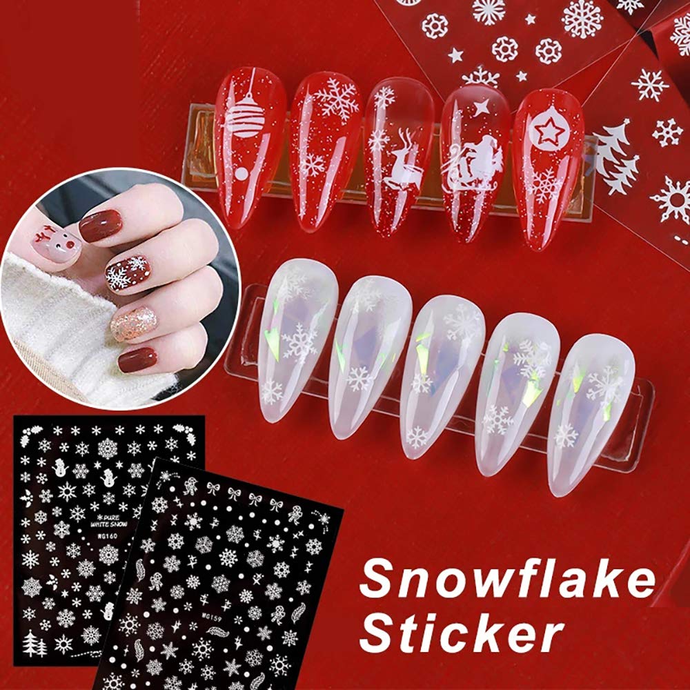 Christmas Nail Stickers - 3D White Self-Adhesive Snowflake Nail Art Decals Snowflakes Snowmen Santa Claus Elk Xmas Design Nail Stickers DIY Manicure Decorations for Women Girls Kids