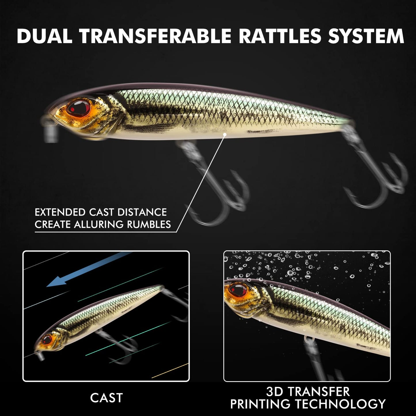 TRUSCEND Topwater Fishing Lures with BKK Hooks, Pencil Plopper Fishing Lures for Bass Catfish Pike Perch, Top Water Bass Bait Lure with Propeller Tail, Pencil Floating Lure