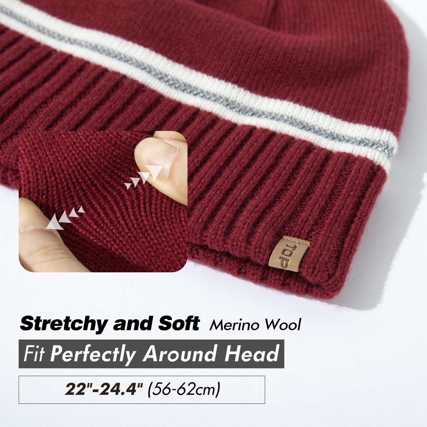 TOP-EX M/L/XL Unisex 50% Merino Wool Skull Cap Warm Winter Beanie Hats Double Layer Knit Hat with Reflective Strips Cold Weather Hat Red
