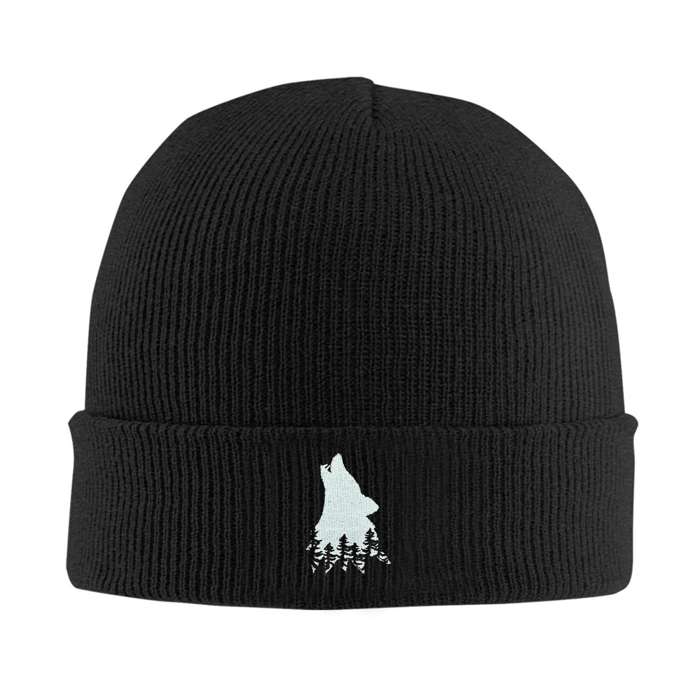 famliihw Wolf Tree Embroidery Beanie Hat Winter Warm Knit Cuffed Skull Cap for Women Men