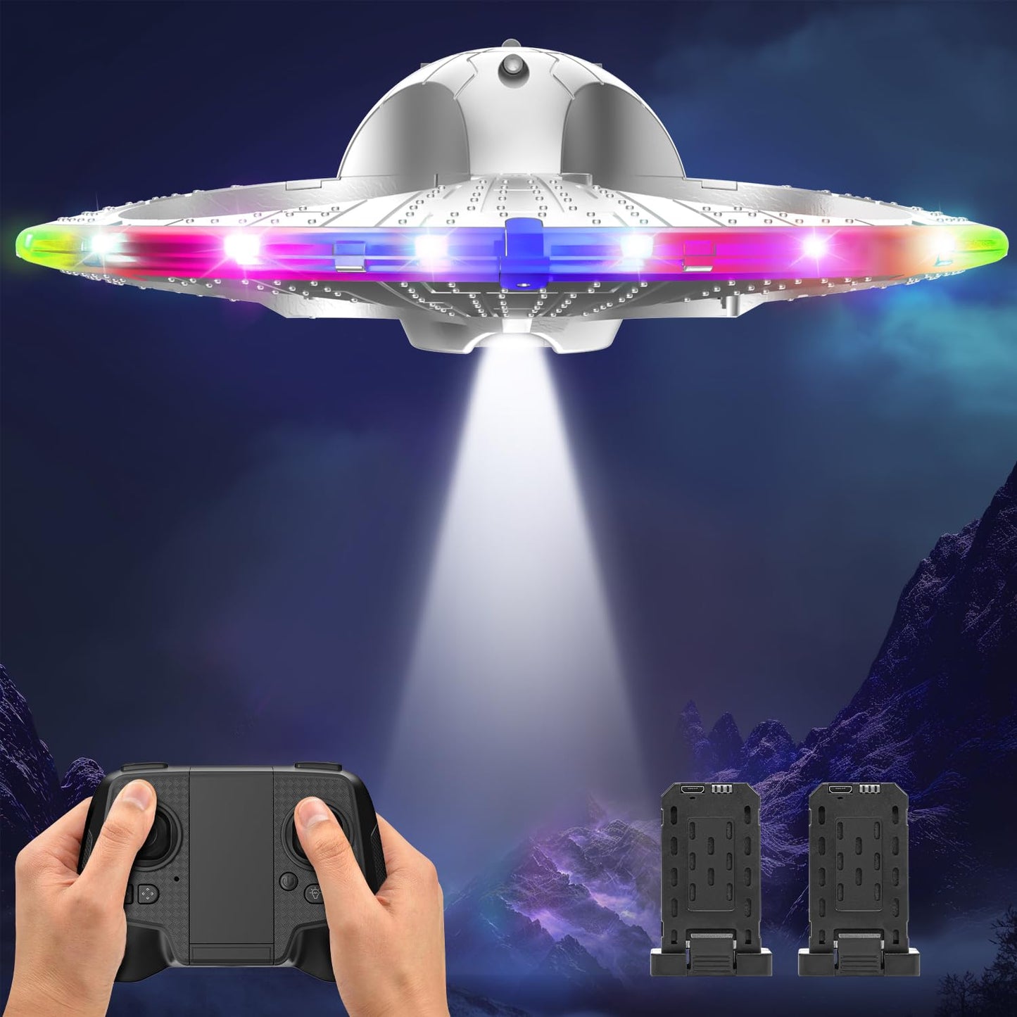 Foam UFO Drone for Kids–RC Plane with Colorful LED Lights, Remote Control Helicopter with Auto Hover, 2 Batteries (15 Mins Flight)