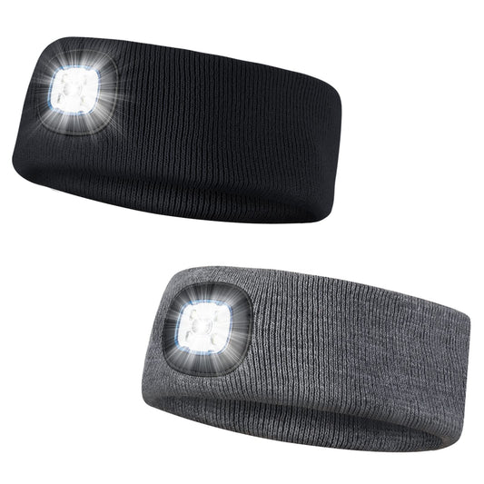 SUNPRO 2 Pack Sports Headband with LED Light, Beanie with Light, Unisex Knit Lighted Hat, USB Rechargeable Headlight Cap, Warm Winter Gifts for Men and Women BlackGrey