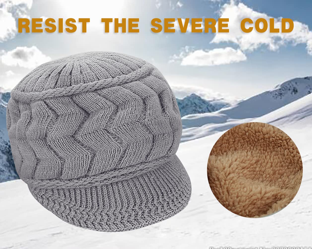 WULIQIUQIU Women Winter Warm Knit Hat Slouchy Beanie Cap Wool Snow Ski Caps with Visor Grey