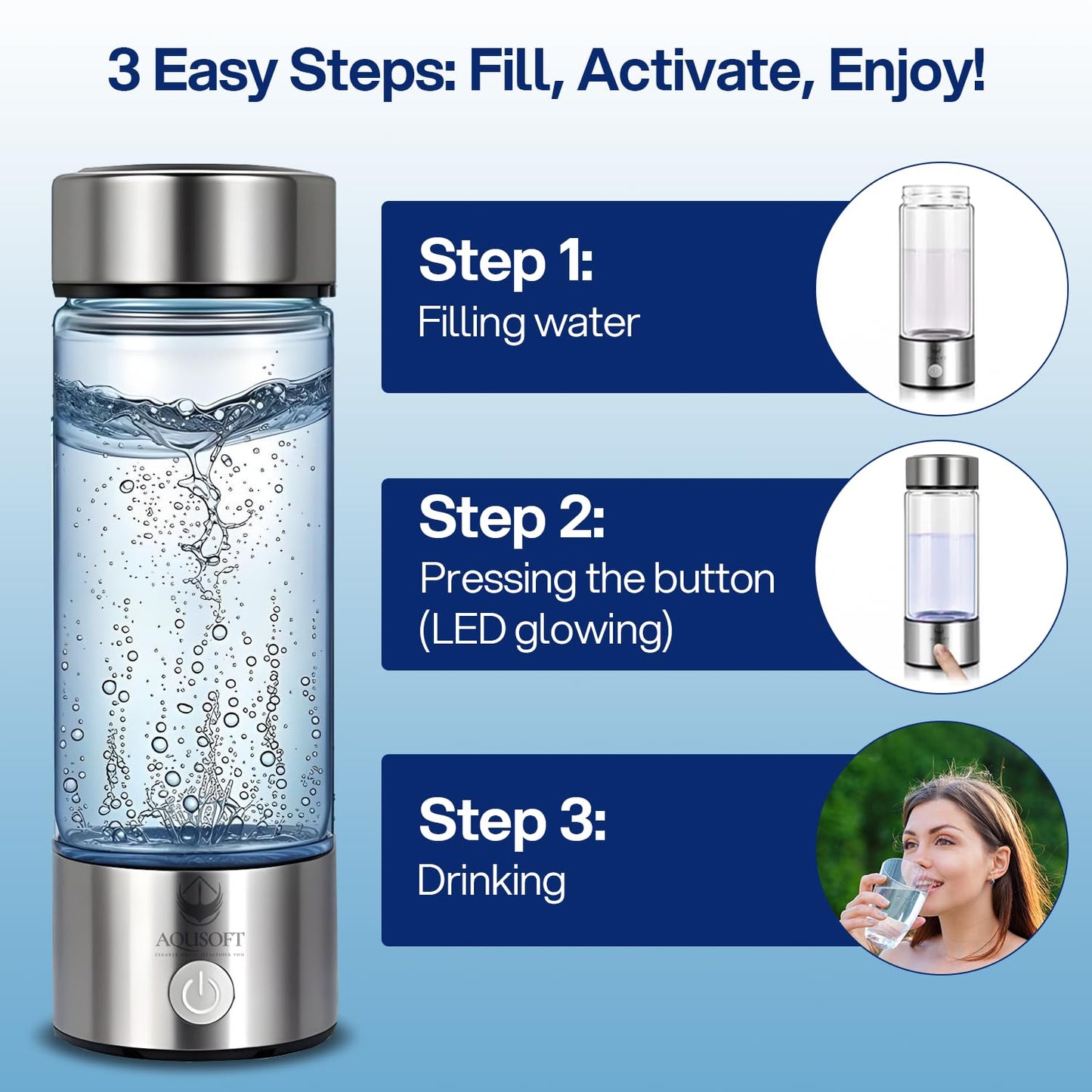 AQUSOFT Portable Alkaline Hydrogen Water Bottle with SPE PEM Technology | Type-C USB Rechargeable 1600 PPB Hydrogen Rich Water in 3 Minutes | Borosilicate Glass Water Cup | 2-in-1 Usage Modes | 420ml