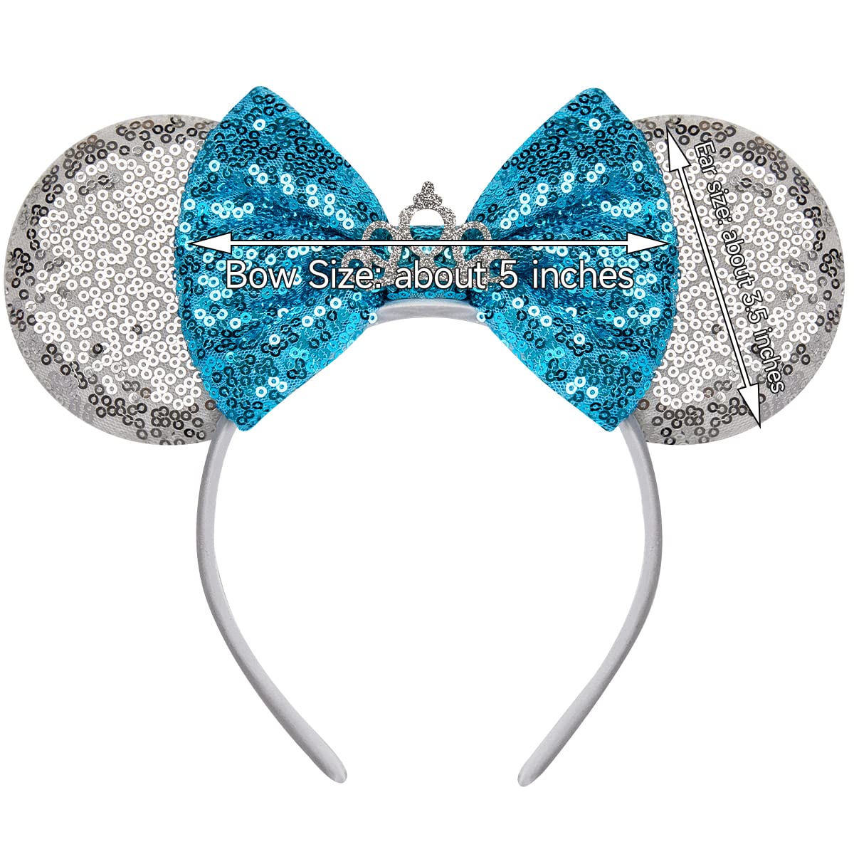 RAZKO Cinderella Minnie Ears Headband, Sequin Silver Blue Mickey Ears Headband Mouse ears Headband for Women Girls Hair Accessories (Silver-Crown)