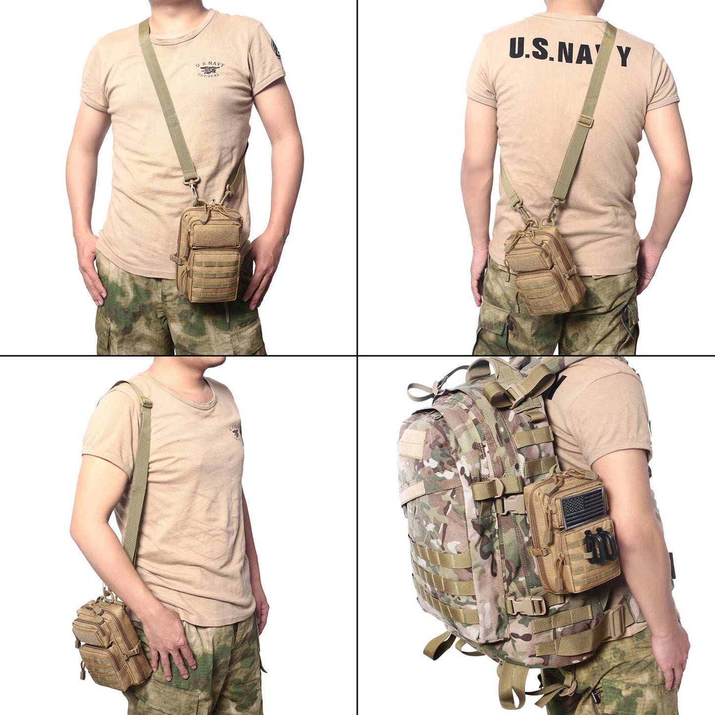 Tactical Molle Pouch Compact EDC Tool Pouch Bag Mini Utility Pouch with US Flag Patch, Shoulder Strap & Two D-Rings (CP)