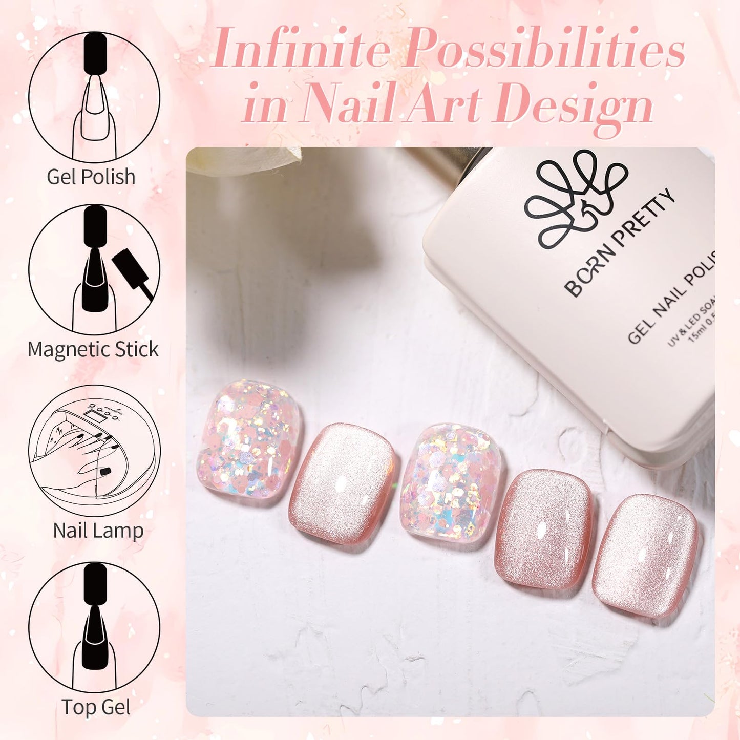 Born Pretty Magnetic Gel Nail Polish Jelly Cat Magnetic Eye Gel Polish Crystal Transparent Auroras Nail Gel for Salon Home DIY Manicure Use