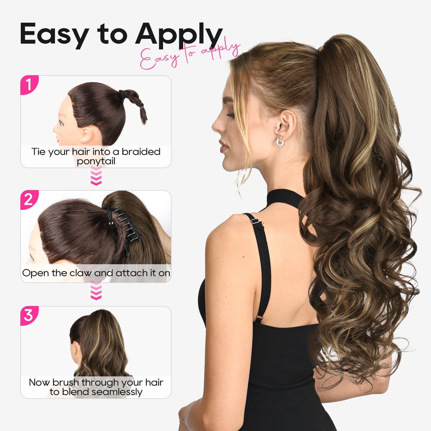 REECHO Ponytail Extension, 24" Claw Clip in Long Curly Wavy Ponytail Hair Extension Jaw Clip on Pony Tails Hairpiece for Women - Medium Blonde with Pale Highlights