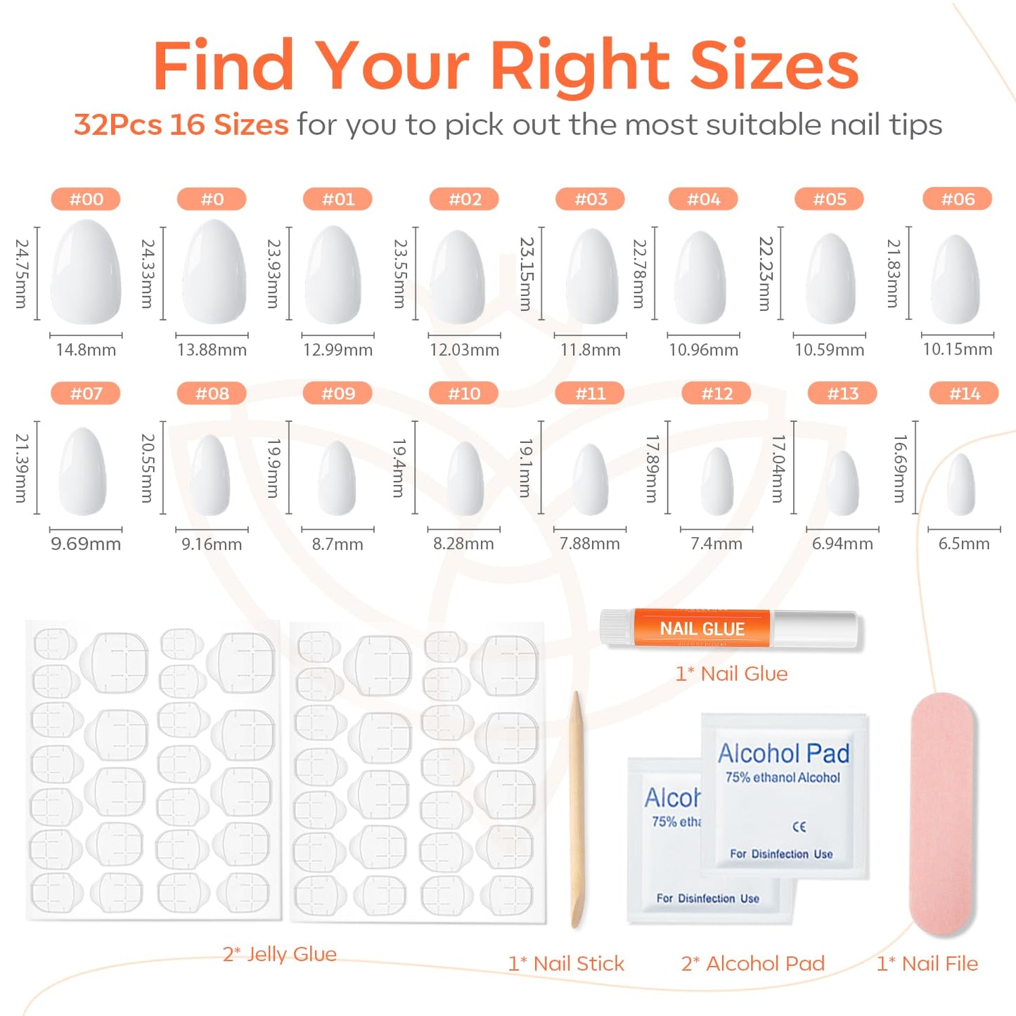 Modelones White Press on Nails Almond, Short Almond Fake Nails, Reusable Nail Kit with Nail Glue Adhesive Tabs Mini Nail File, Nails Press Ons 32Pcs 16 Sizes, Women Girl Gift