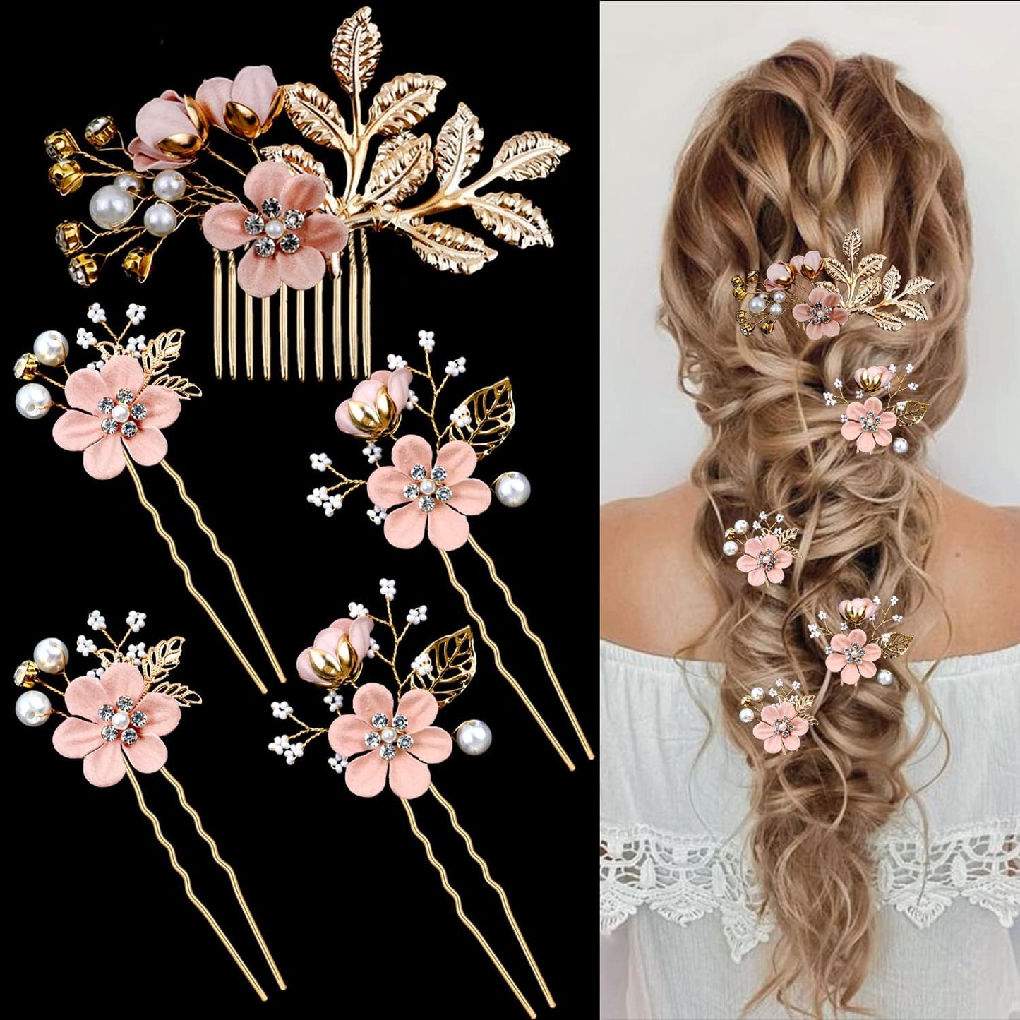 5 PCS Bridal Flower Wedding Hair Pins Crystal Pearl Hair Clips Headpiece Gold Wedding Hair Accessories Jewelry with Rhinestone for Brides Bridesmaids Women Girls Updo(Cherry Blossoms Pink)