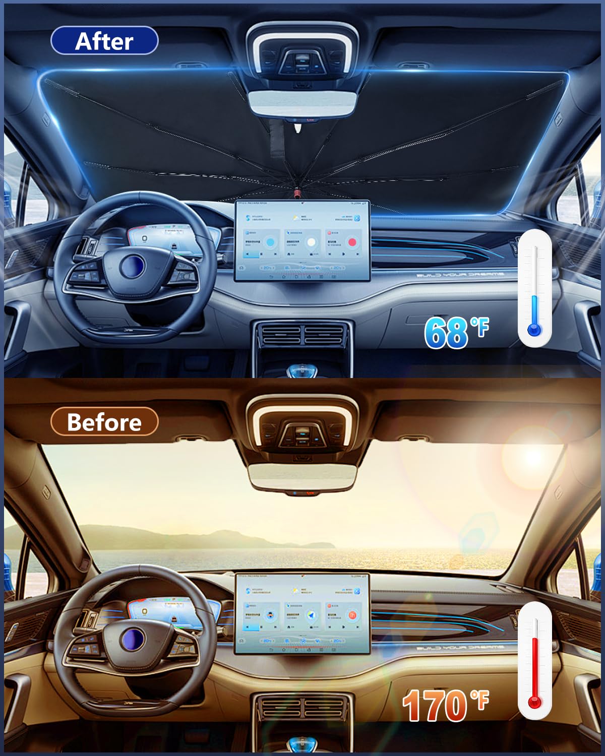 Noiclub Foldable Windshield Sun Shade Umbrella – Reflective Car Window Cover for Front Windshield, Heat Blocker for SUV, Truck, Sedan – Easy Storage with Bendable Handle