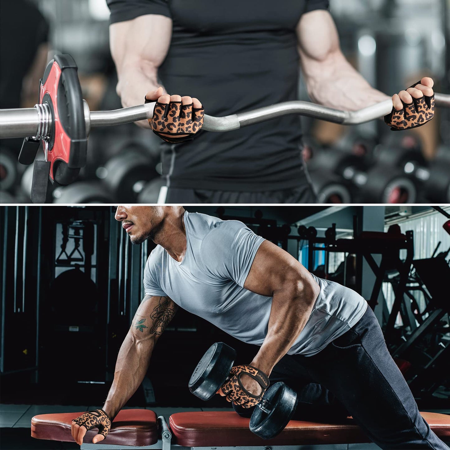 RYMNT Minimal Weight Lifting Gloves,Short Micro Workout Gloves Grip Pads with Full Palm Protection & Extra Grip for Men Women Weightlifting,Gym,Exercise Training.Leopard-Small