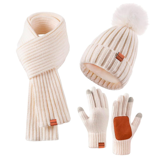 Women Beanie Hat Scarf Gloves Set, Women Winter Knitted Beanie Hat with Pom Pom Long Scarf Warmer Gloves with Touchscreen Set for Cold Weather, Warmer for Girls Women (Apricot)