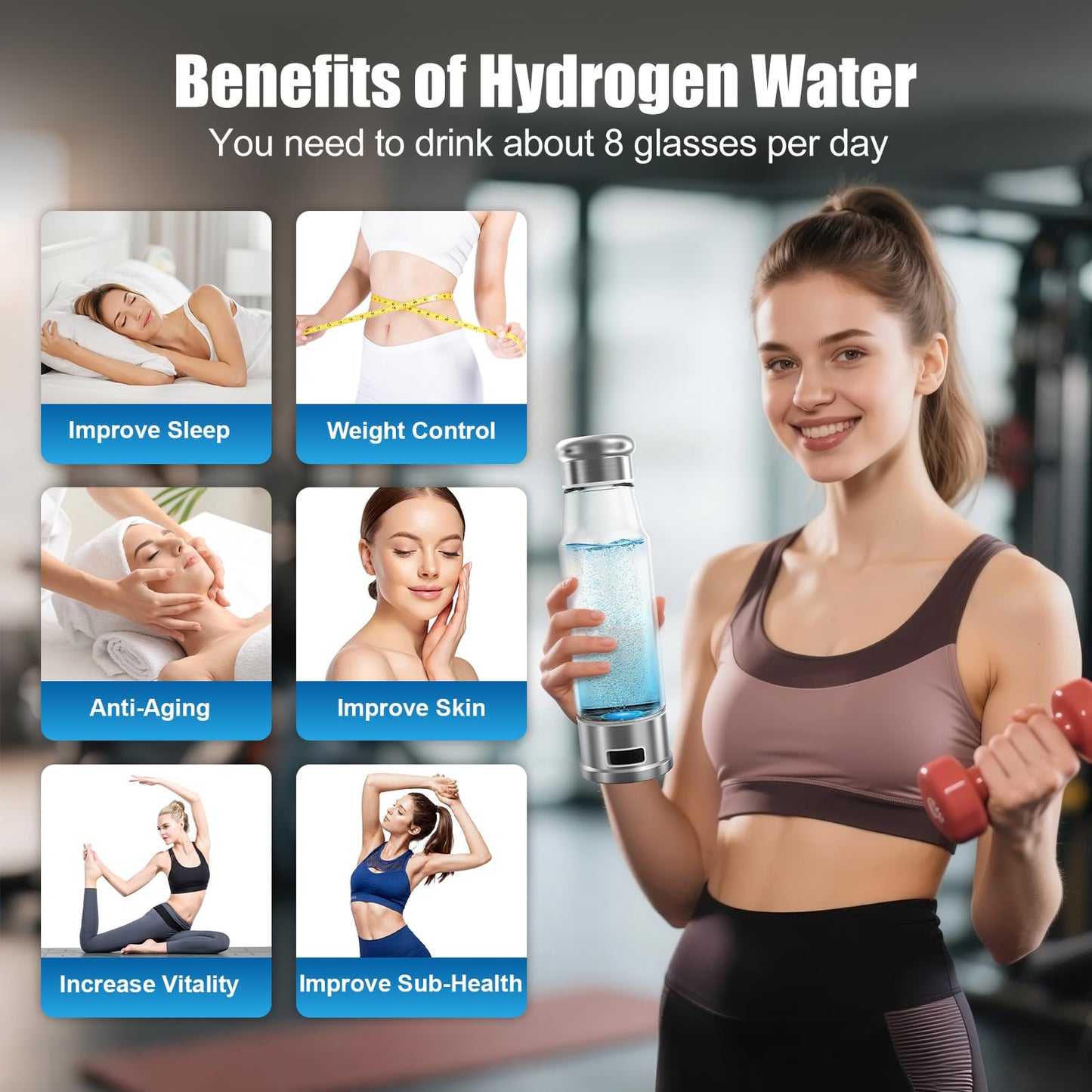 Hydrogen Water Bottle 5-Min Electrolysis 15.22OZ 1500 PPB Water Ionizer with SPE/PEM Technology, Hydrogen Water Bottle for Women/Men/Office/School