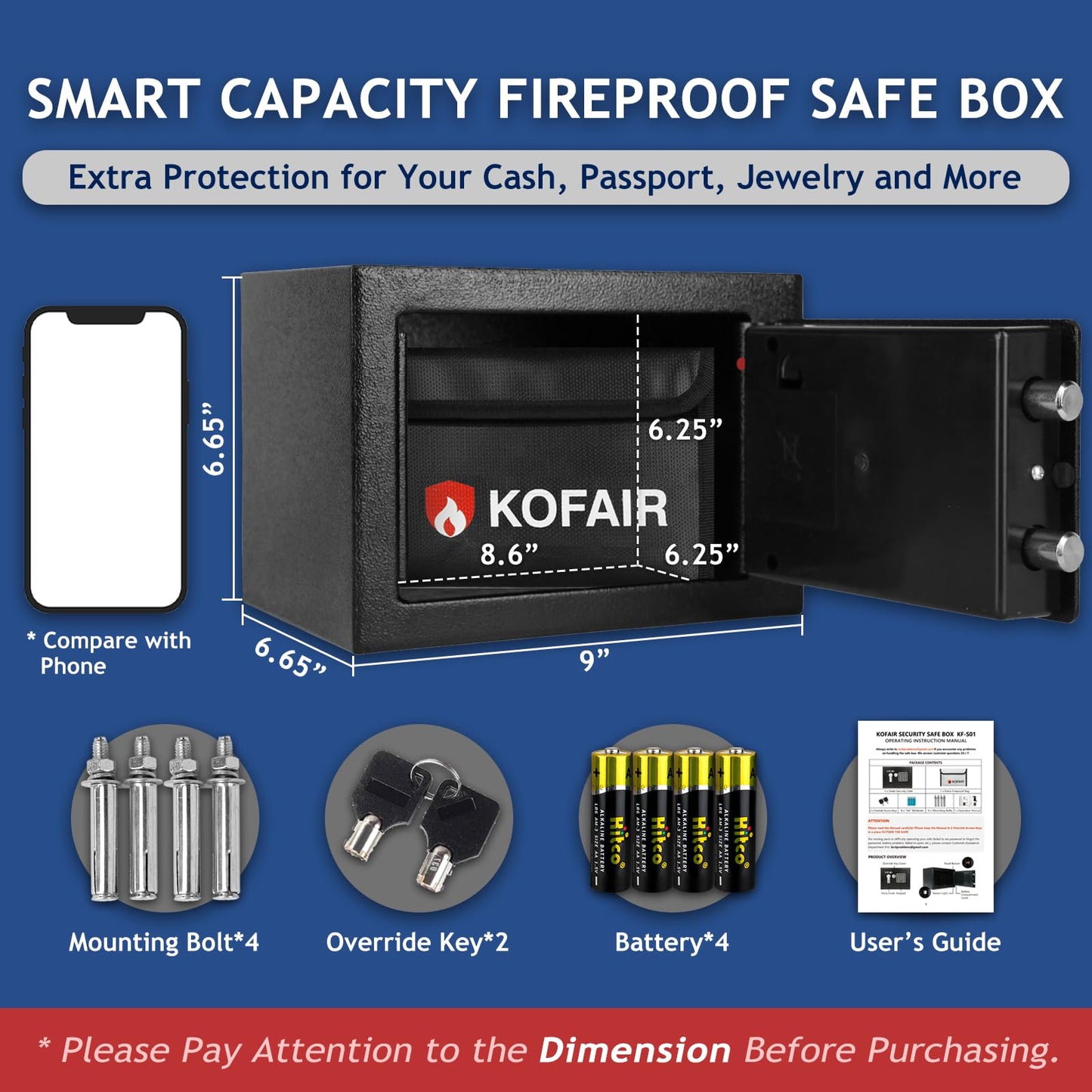 KOFAIR Safe Box for Home Safe (0.23 Cubic Feet) with Fireproof Bag, Personal Money Safe for Cash Saving, Mini Safe Box with Key, Digital Safety Box with Light, Money Lock Box