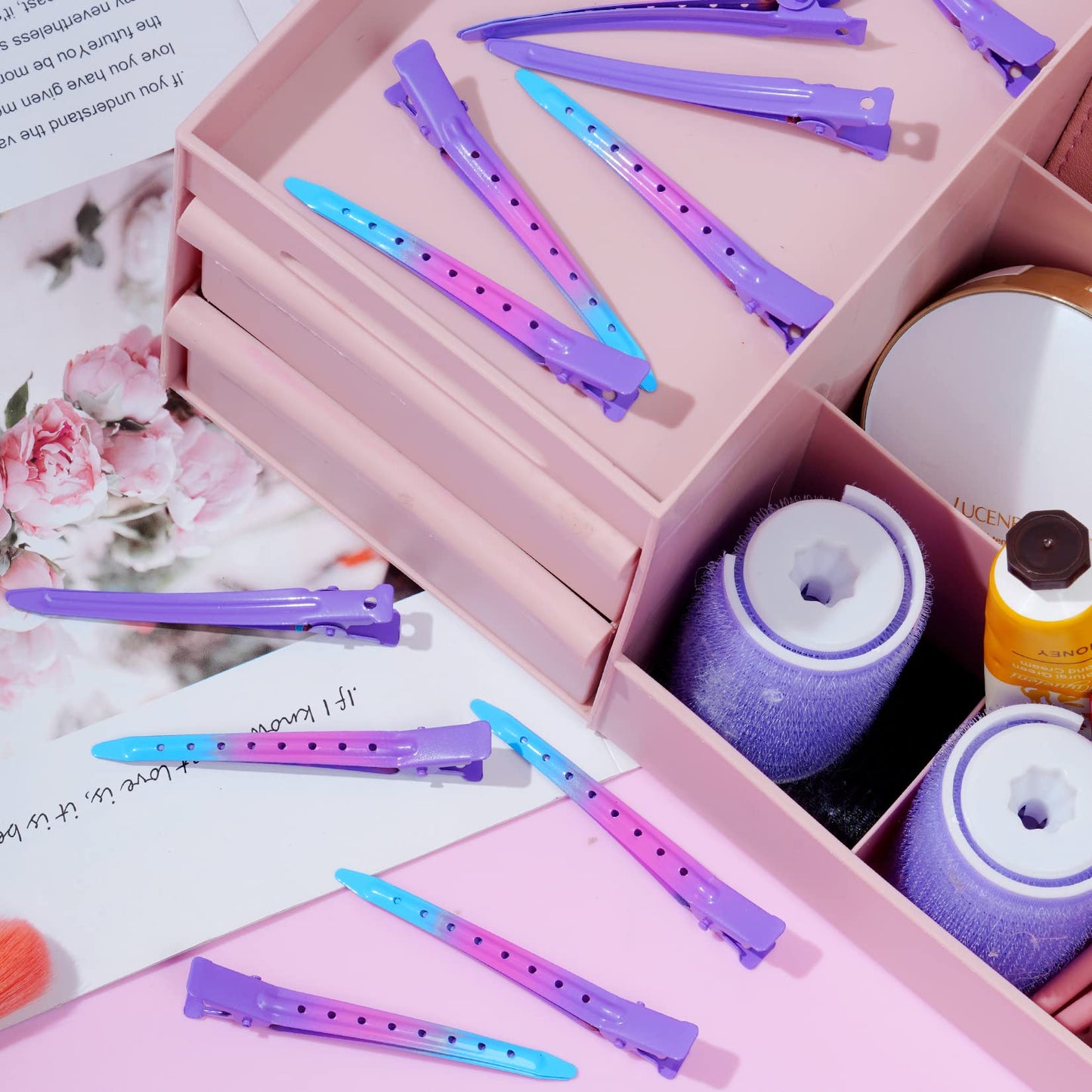 24 Packs Duck Bill Clips, Bantoye 3.35 Inches Rustproof Metal Alligator Curl Clips with Holes for Hair Styling, Hair Coloring, Gradient Purple